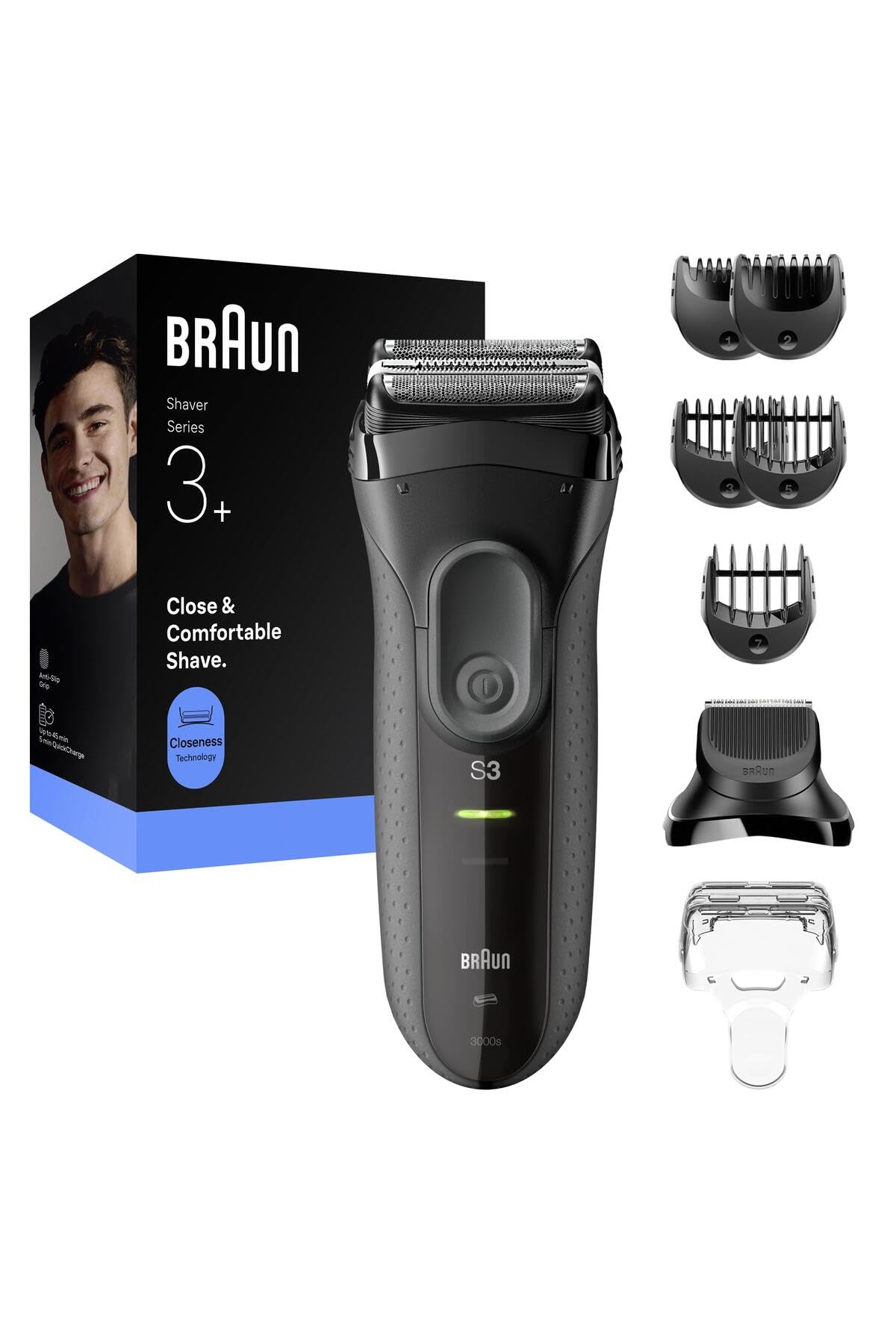 Braun Serie 3 Elektrorasierer, 3 flexible Klingen, MicroComb Hochleistungs-Barttrimmer-Zubehör, Trockenrasierer für Männer, hergestellt aus