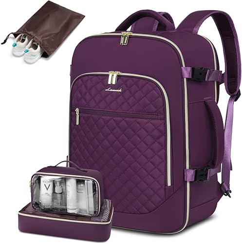 LOVEVOOK Mochila de mano aprobada por vuelo, mochila de viaje para laptop de 35 litros para mujer, mochila grande con 3 cubos de embalaje.., Violeta
