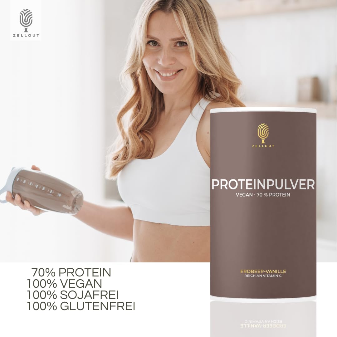 PROTEINPULVER ERDBEER-VANILLE • 70% Protein • 3 pflanzliche Proteinquellen • enthält gesunde Darmbakterien • vegan & glutenfrei • sojafrei