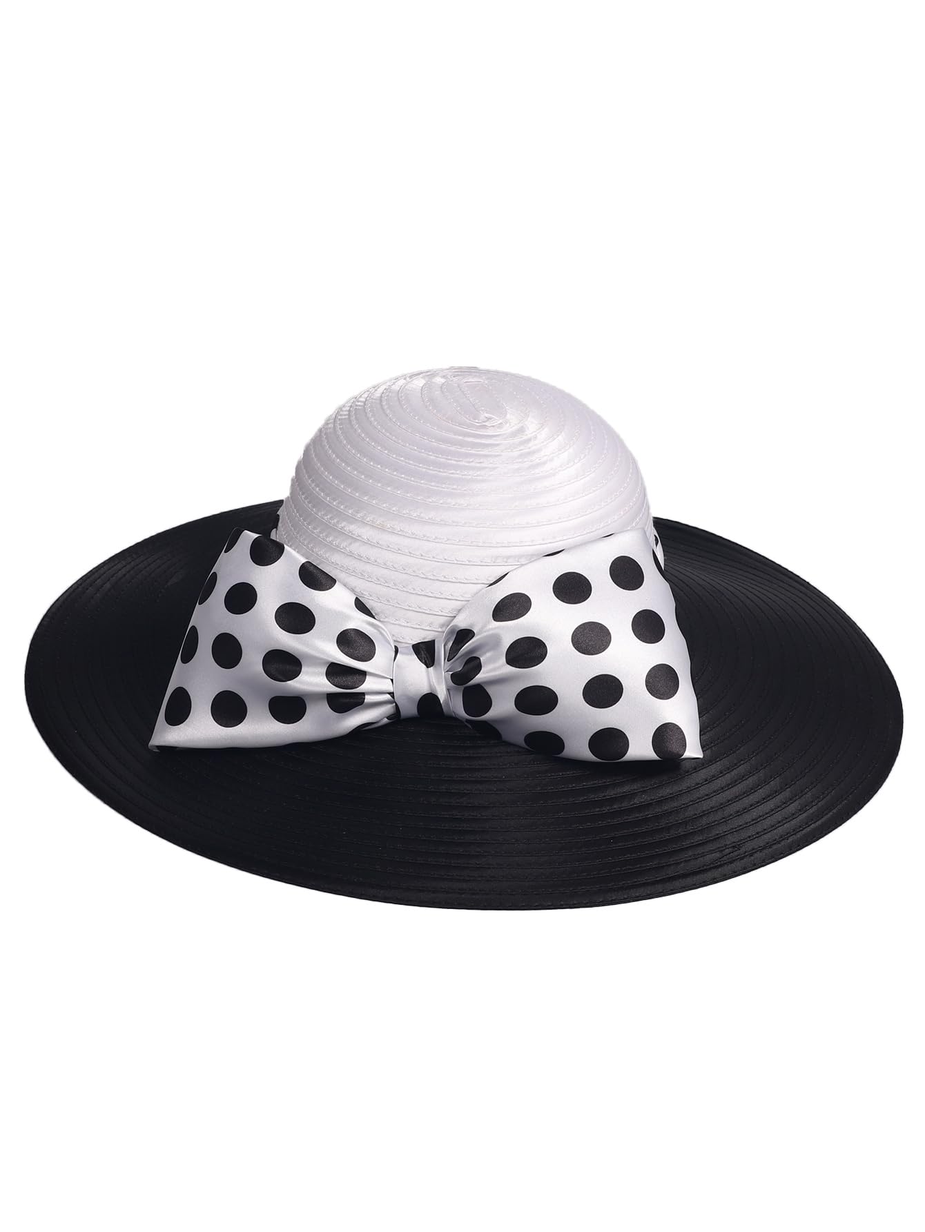 Wide Brim Kentucky Hat for Women Tea Party Dress Cocktail Derby Hat with Big Bowknot Polka Dots Sun Fedora Hats White Black