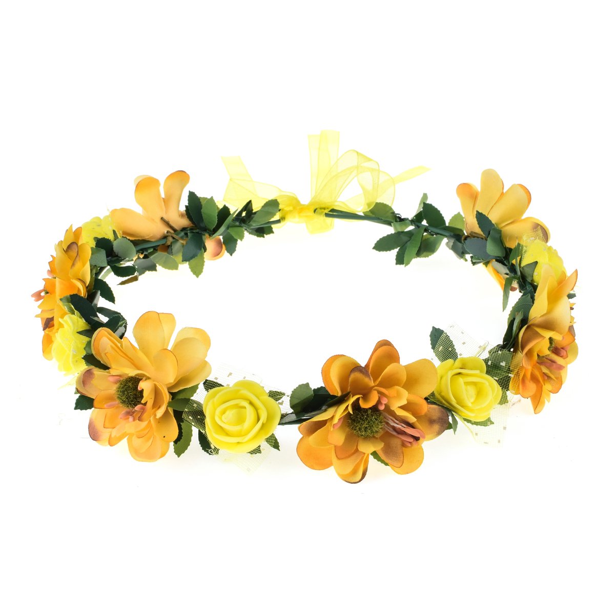 June Bloomy Rose Flower Leave Crown Bridal Halo Headband with Adjustable Ribbon (Yellow)