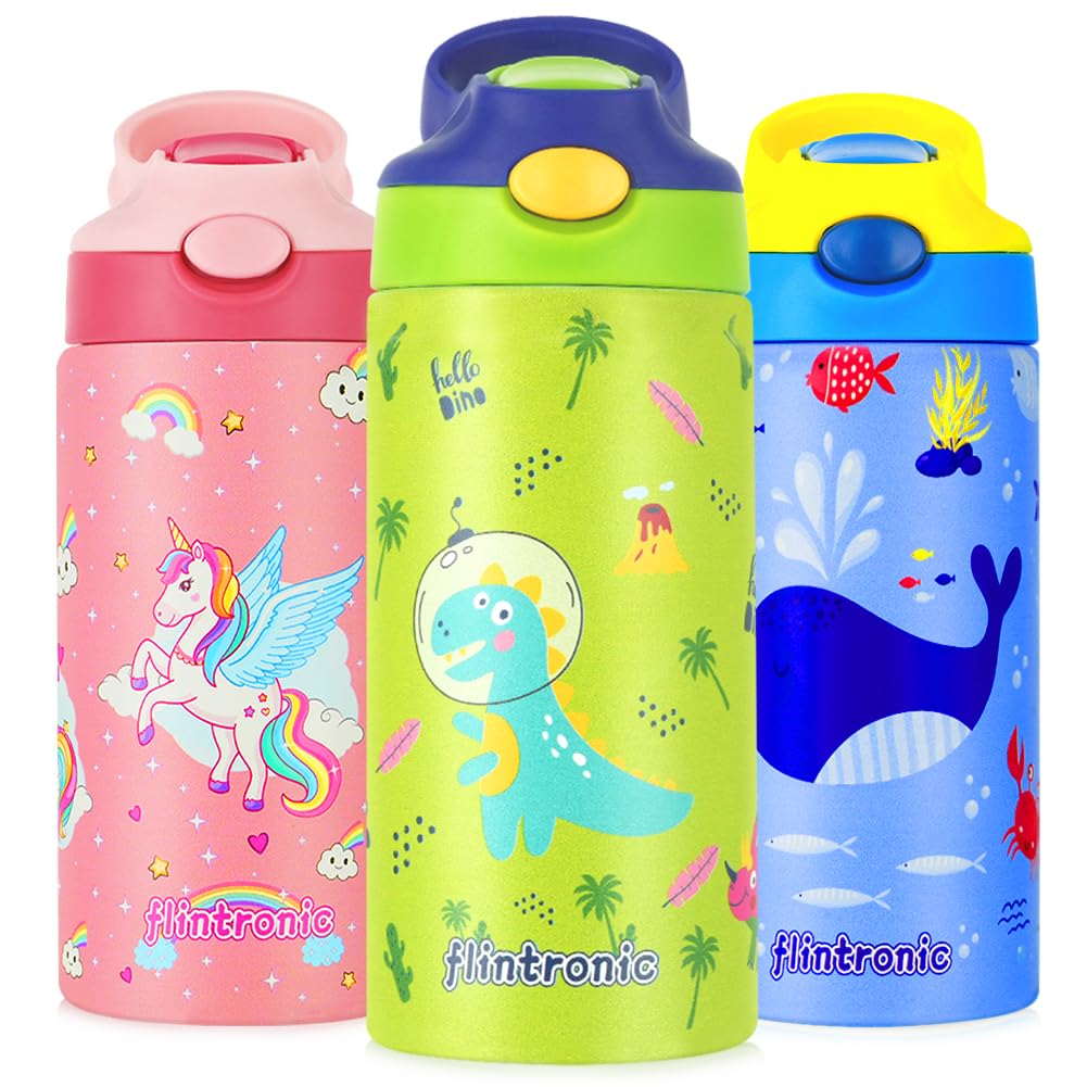 flintronic 350ml/12oz Kids Water Bottle Stainless Steel with Straw, Vacuum Insulated Water Bottles, BPA Free, Flip Sports Water Bottle,Metal Leakproof Small Flask for Boys Girls Toddler Children