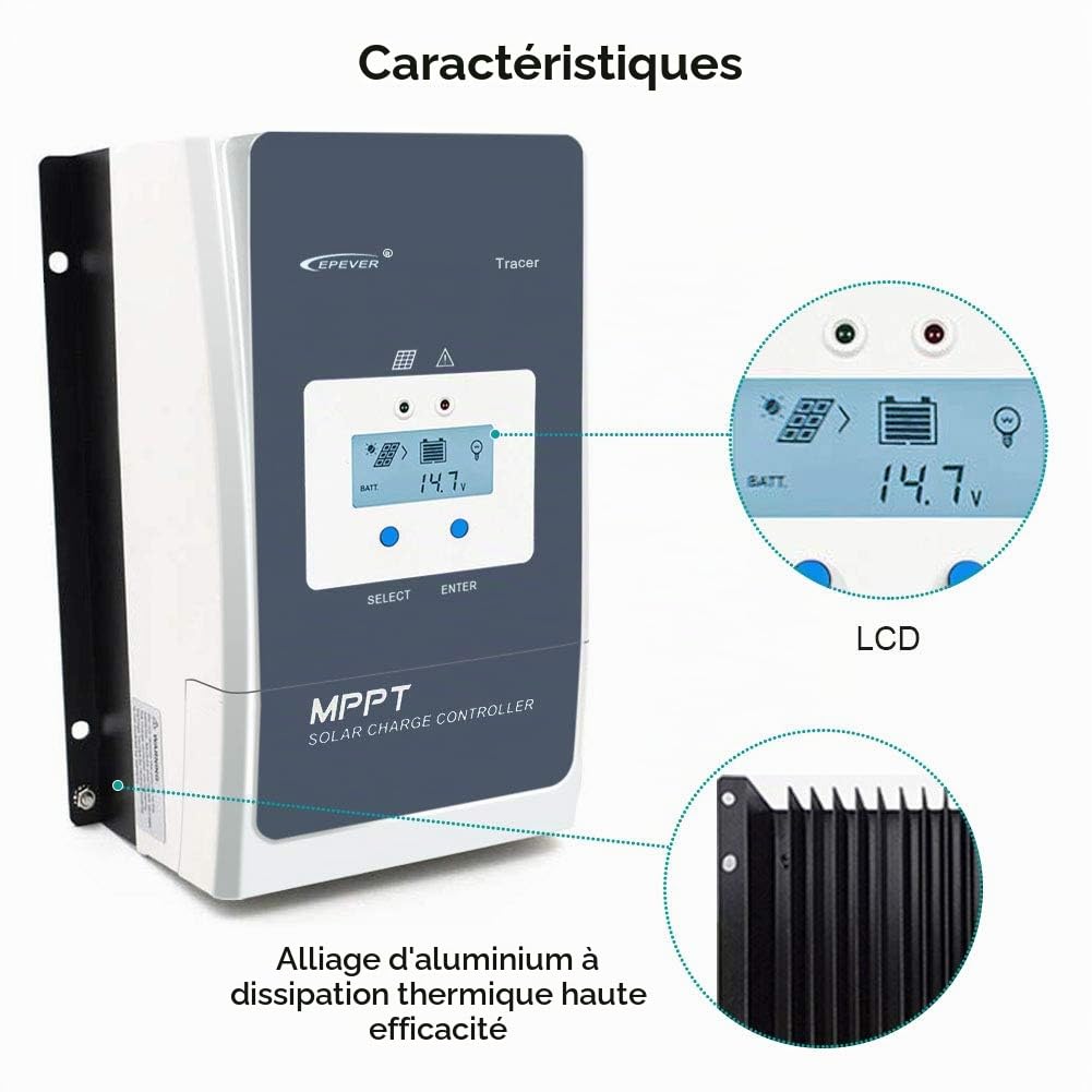 EPEVER 60A MPPT Régulateur de Charge Solaire 12V/24V/36V/48V avec Écran LCD, Tension de Circuit Ouvert Jusqu'à 150V pour Scellé, GEL, Inondé et Utilisateur - Tracer 6415AN