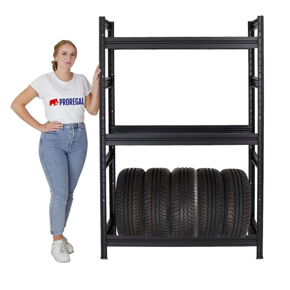 PROREGAL Scaffale porta pneumatici DINO | AxLxP 180x120x50cm | 150kg portata per ripiano | Fino a 12 Pneumatici su 3 Ripiani | Nero