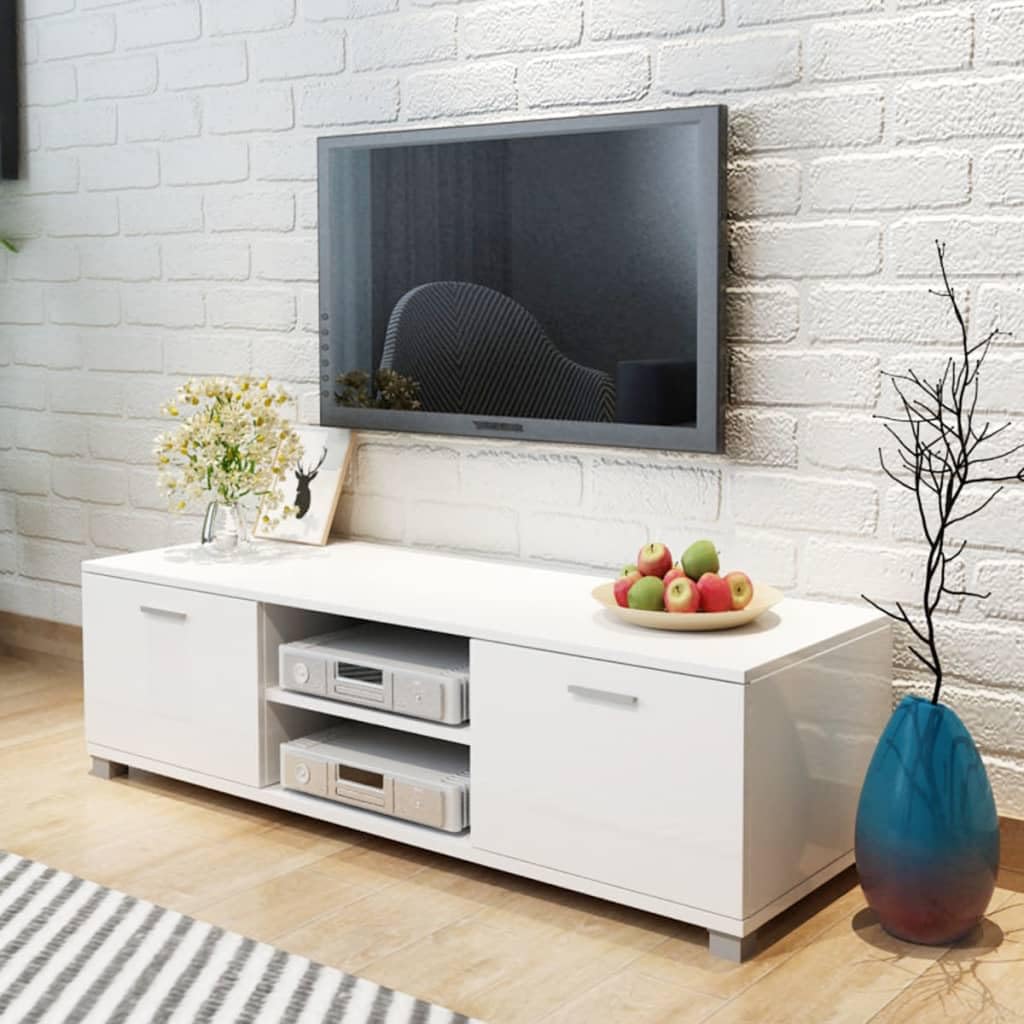 Mobile HiFi Mobile TV bianco lucido 140 x 40,5 x 35 cm con 4 uscite cavi e ampio spazio per dispositivi multimediali