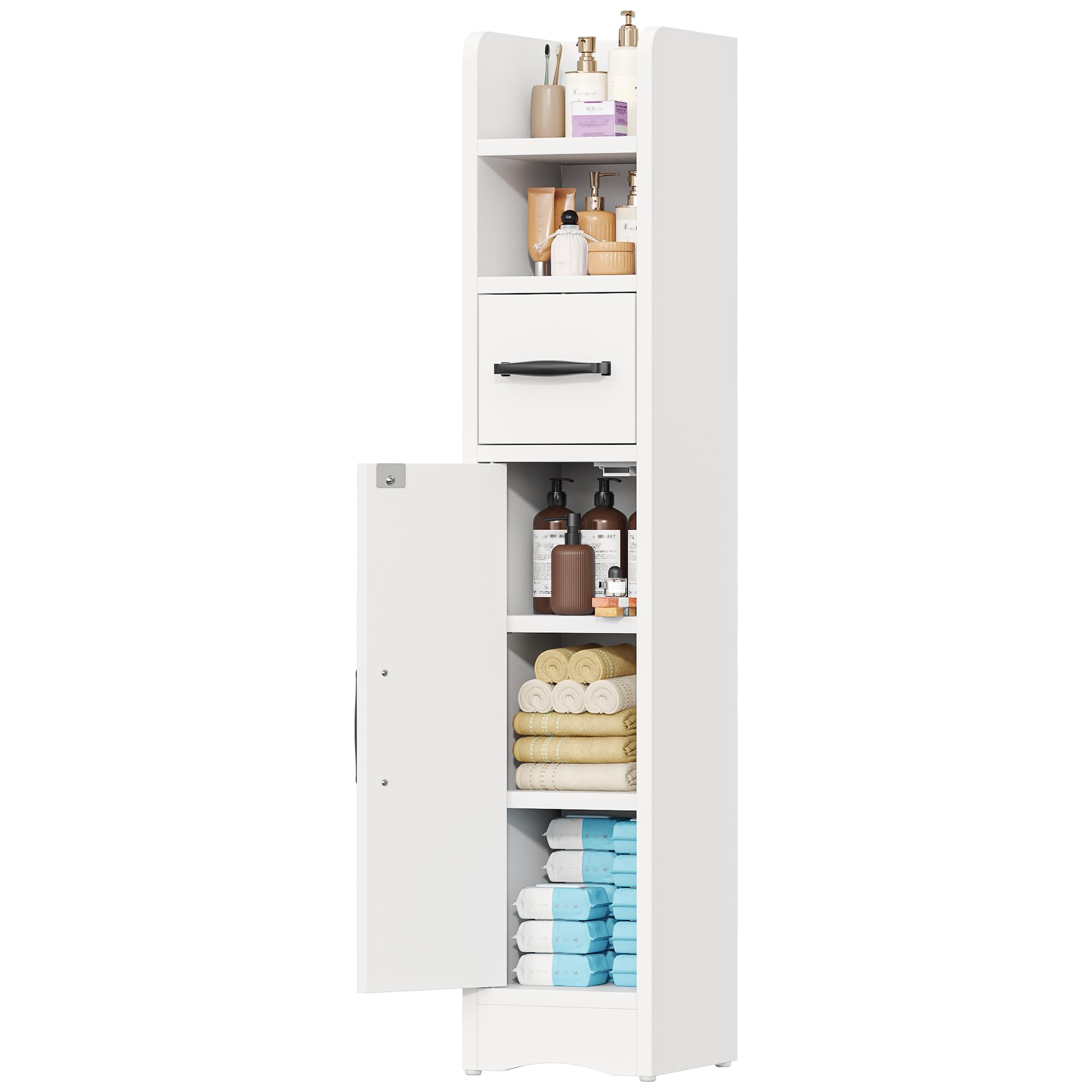 GoaHi Slim Bathroom Floor Storage Cabinet with Drawer Door and 2 Shelves, Freestanding Bathroom Storage Unit, Narrow Bathroom Toilet Paper Storage Cabinet, Adjustable Shelves, White