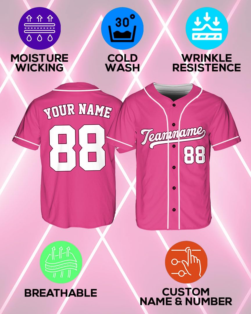 Custom Baseball Jerseys - Personalized Softball Shirts for Men, Women, Boys, and Girls - Customized Team Uniforms for Sports Fans, Teams, Events, Gifts - Add Your Name, Number, Logo Pink/White