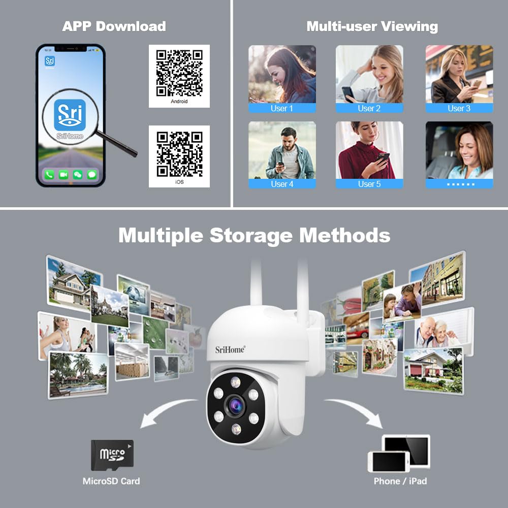SRIHOME 1080P WiFi Monitoraggio PTZ telecamera IP rilevamento umanoide e monitoraggio del movimento Visione Notturna IP66 impermeabile all'acqua (2 Pacchetto di unità)