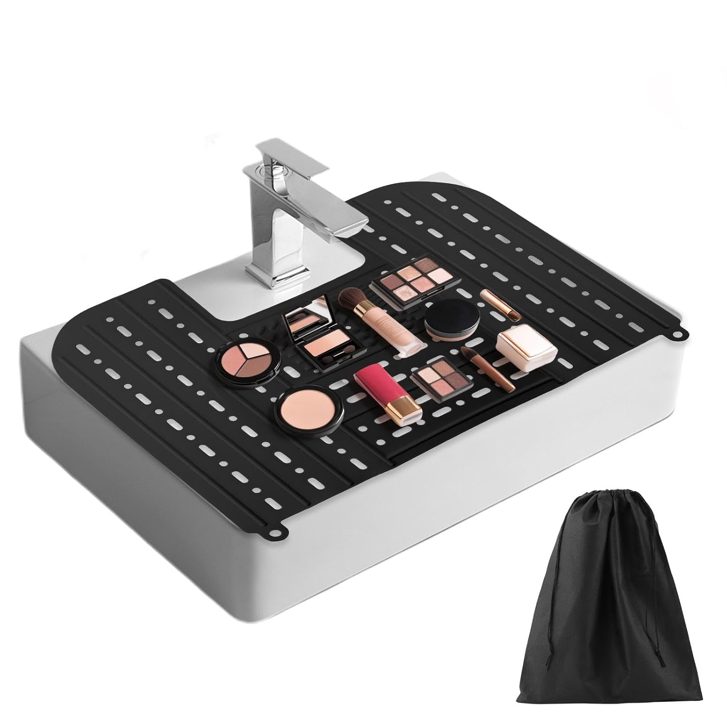 Bathroom Sink Cover for Counter Space With Storage Bag, 22 * 17" Foldable Sink Cover,Silicone Beauty Makeup Brush Cleaning Mat,for Counter Space & Storage Saver(black)