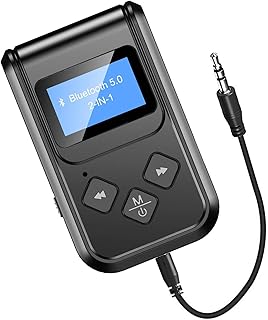 Bluetooth 5.0 Transmitter Receiver, Skybess Portable Wireless Aux Bluetooth Adapter for TV/Car/PC/Home Audio System, 3.5mm Bluetooth Audio Receiver with Display Screen, Low Latency, Built-in Mic