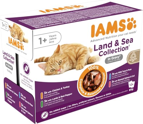IAMS Delights Land & Sea Collection Katzenfutter Nass - Multipack mit Fleisch und Fisch Sorten in Sauce, Nassfutter für Katzen ab 1 Jahr, 12 x 85 g