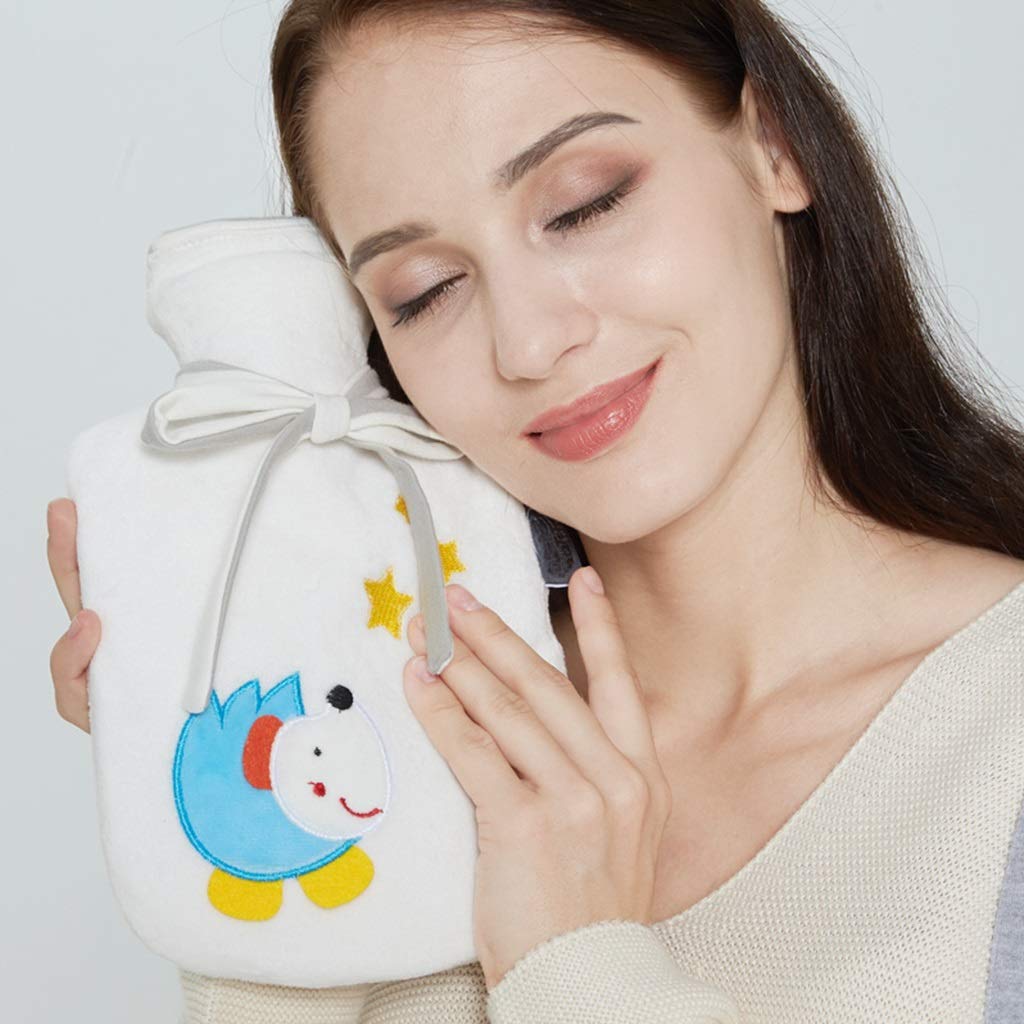 SKUZA Wärmflasche, Kleine Wasserinjektions-Wärmflasche mit süßem Deckel, Stickerei, Flanell, Wärmbeutel, Handwärmer, Geschenk for Frauen und Mädchen (Color : Blue) (Color : Beige)