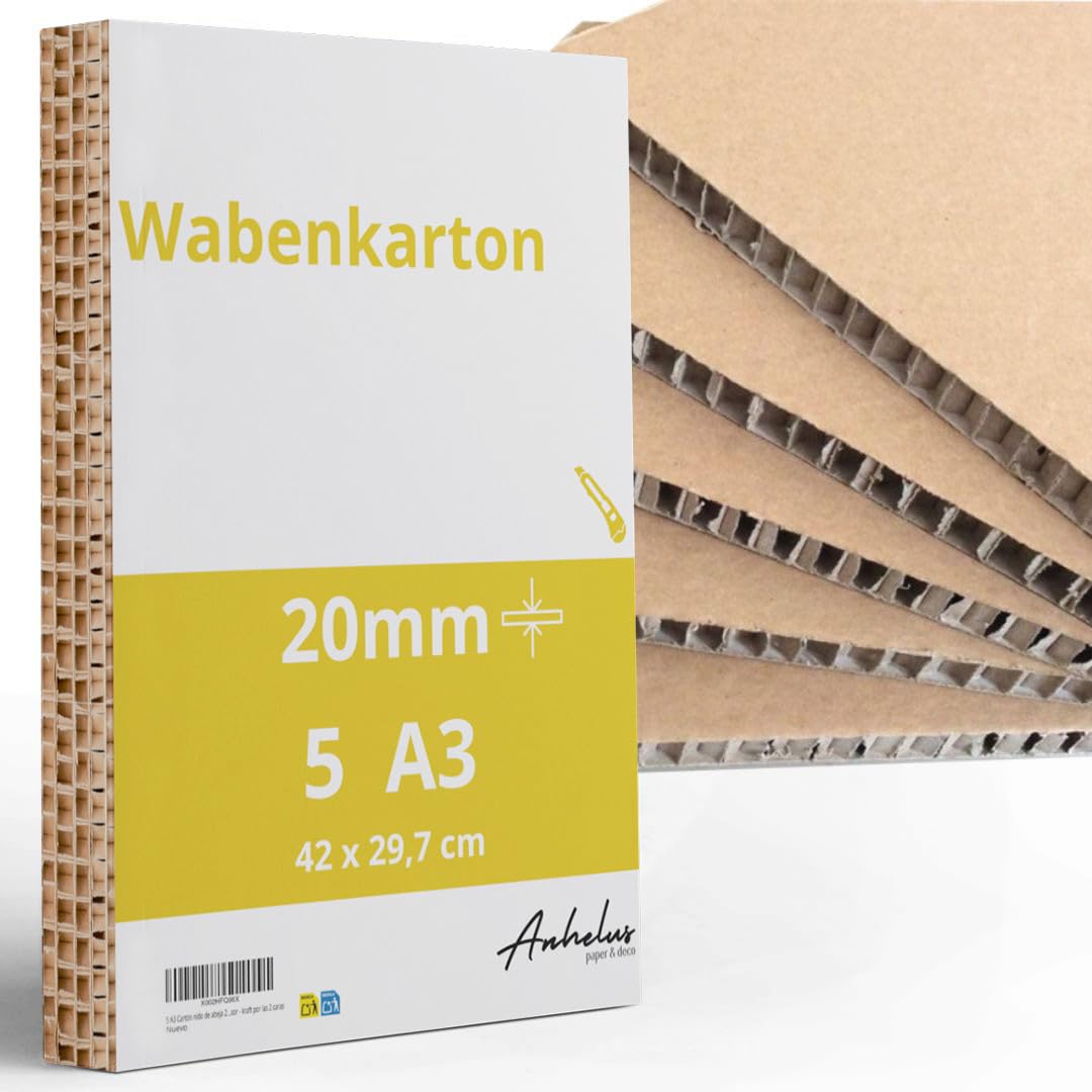 5 Blatt A3 Wabenpappe 2cm dicke | 5 stück Wabenkarton A3-Format (42x29,7cm) | Wabenplatte beidseitig mit Kraftpapier kaschiert
