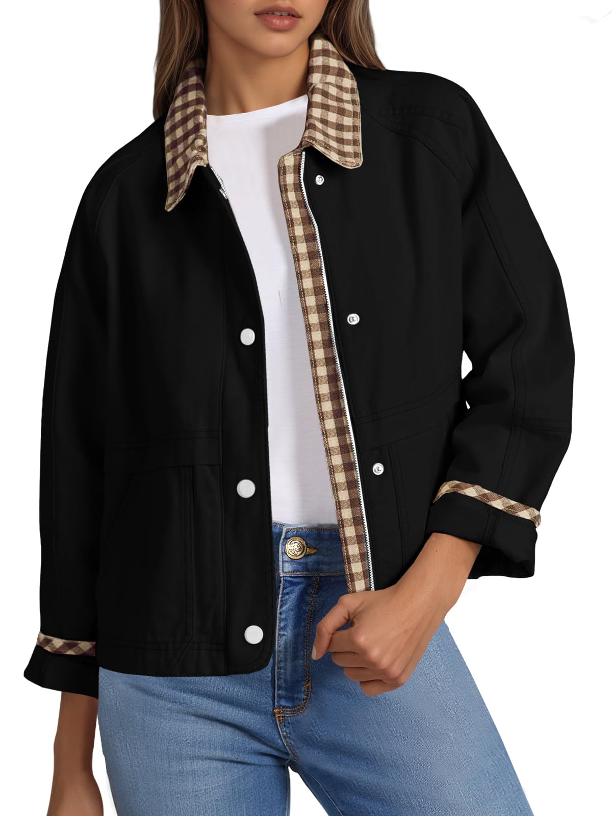 Womens Cropped Jacket Lightweight Casual Zip Up Barn Jackets Fall Contrast Plaid Outerwear Coat