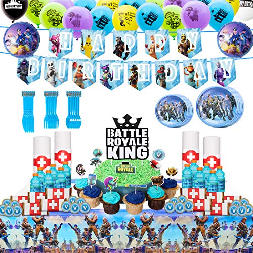 DMIGHT Mega Birthday Party Decorations,Video Game Party Supplies,172pcs Gaming Theme party favors, include Flatware Set,Plates,Table Cover, Cake Toppers, Balloons, Button Pins, Chocolate Stickers and Bottle Labels - Thumbnail 4