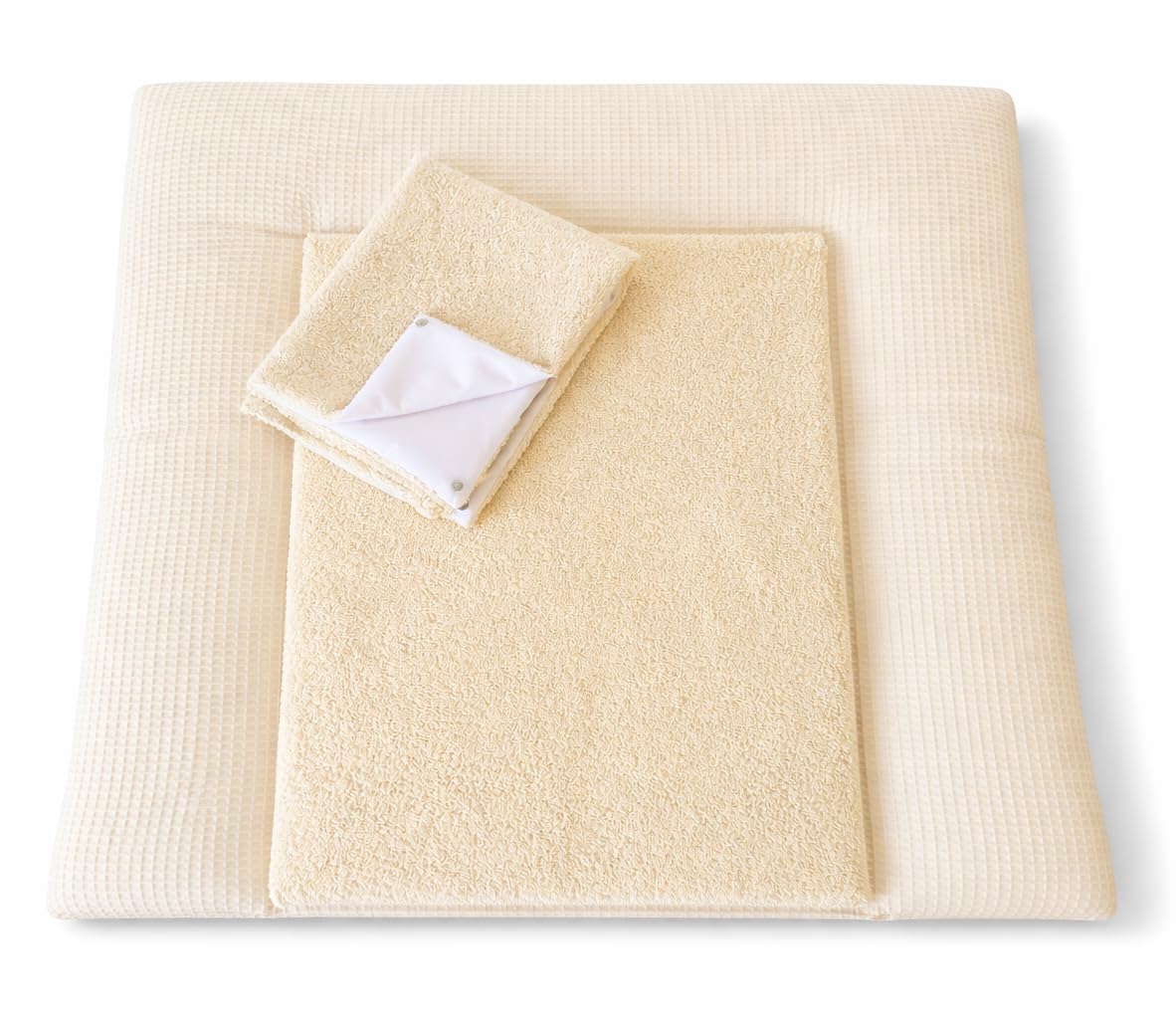 Wickelauflage Set 3-teilig – Wickelunterlage aus Waffelstoff mit Druckknöpfen – Baby Wickelauflage mit 2 Frottee Overlays – Wickeltischauflage –75X75cm (Breite x Tiefe), Hellbeige