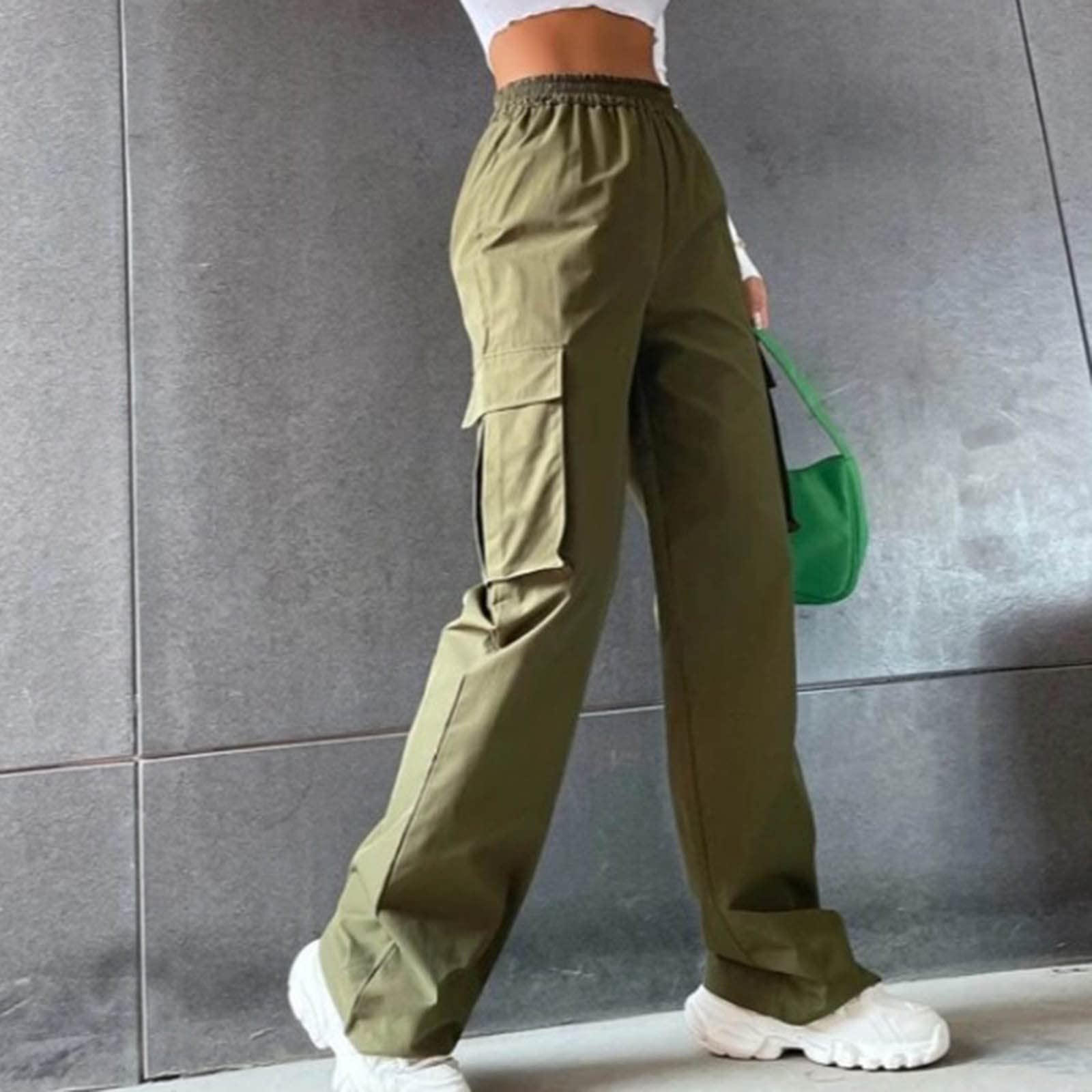 Cargo Pants for Women Elastic High Waist Baggy Casual Pant Hiking Stretchy Wide Leg Streetwear Work Pant with Pockets Army Green XXXL