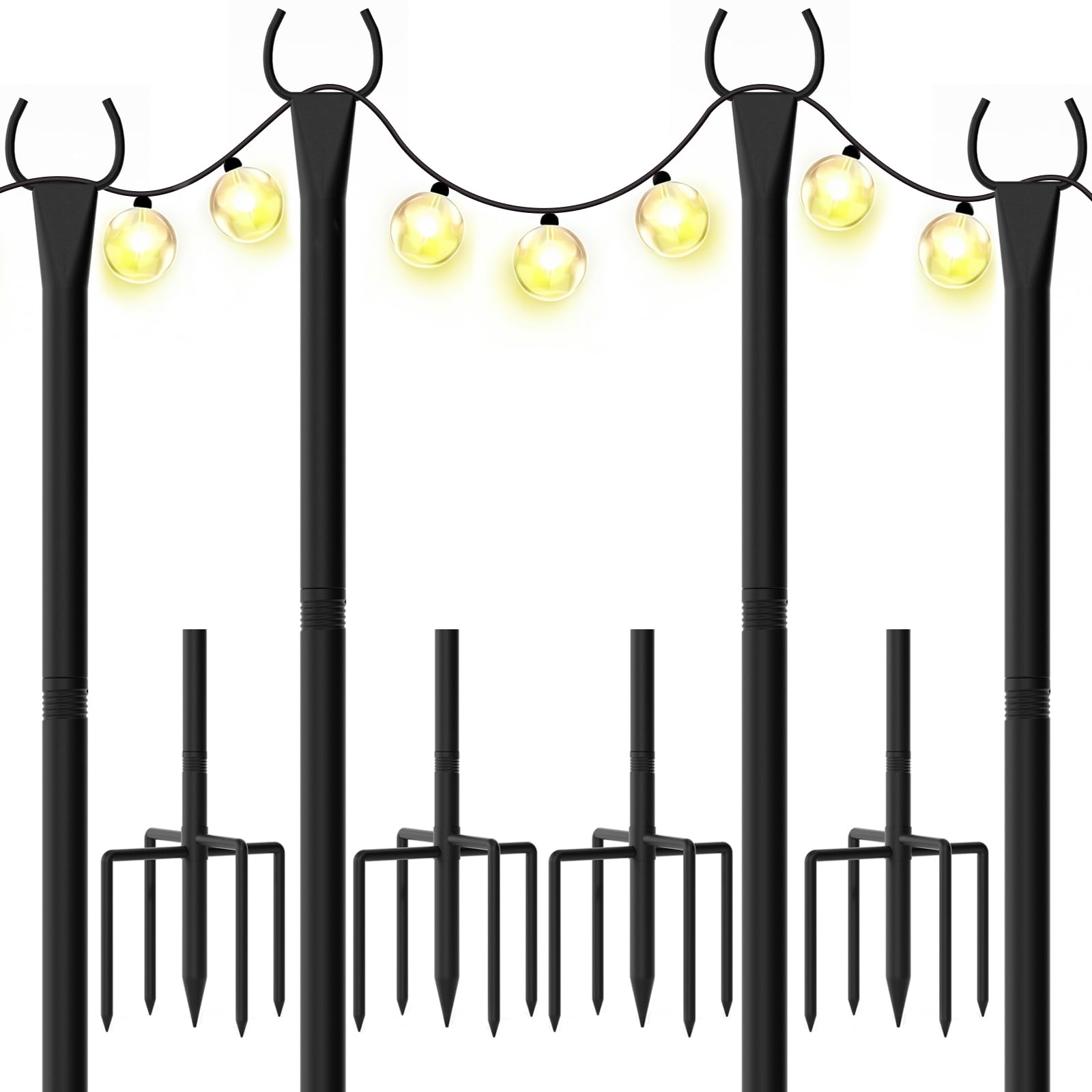 WeValor String Light Poles 4-Pack - 10FT, 5-Prong Base for Patio Deck | 4-pack standard kit for patio, deck & garden - no-tools, stable fit