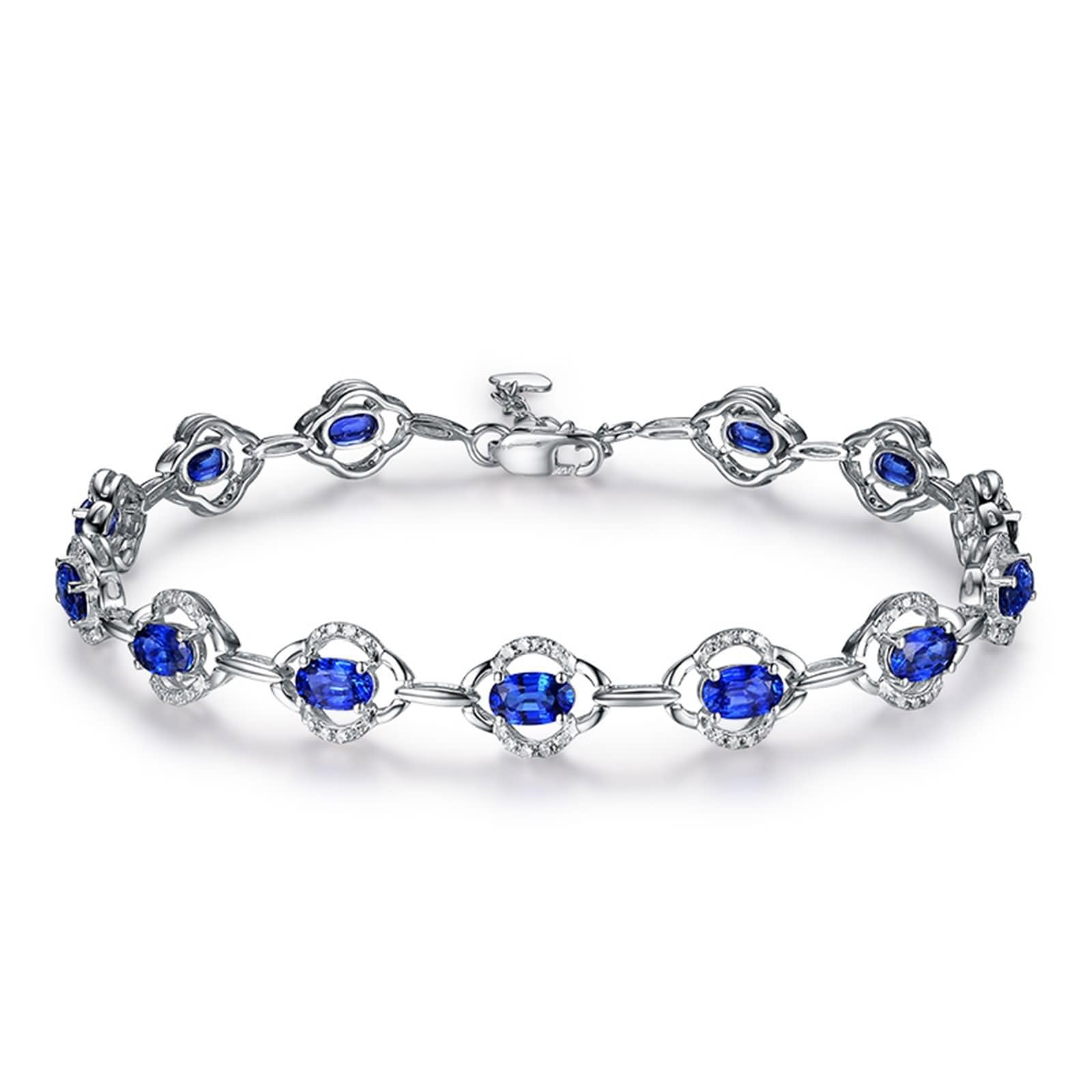 Pulseras Mujer de Oro Blanco 9K / 14K / 18K, Hueco y Oval con Zafiro y Diamante, Cadena Extensible 16 CM + 5 CM, Pulseras de Ajustable Mujer de Plata Azul