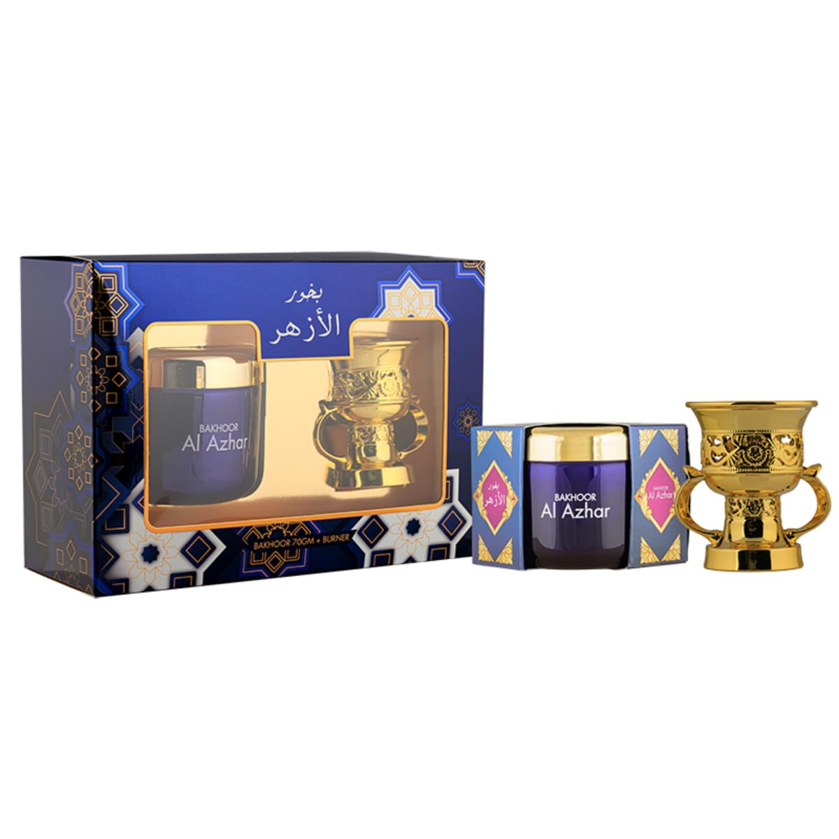 HAMIDIAl Azhar 2 Pieces Gift Set 100% Pure Oriental Bakhoor 70g & Gold Burner, Authentic Arabic Incense, Home Fragrances, Refreshing, Use Every where, Smoke Free, Charcoal, Long Lasting, Gift Hampers