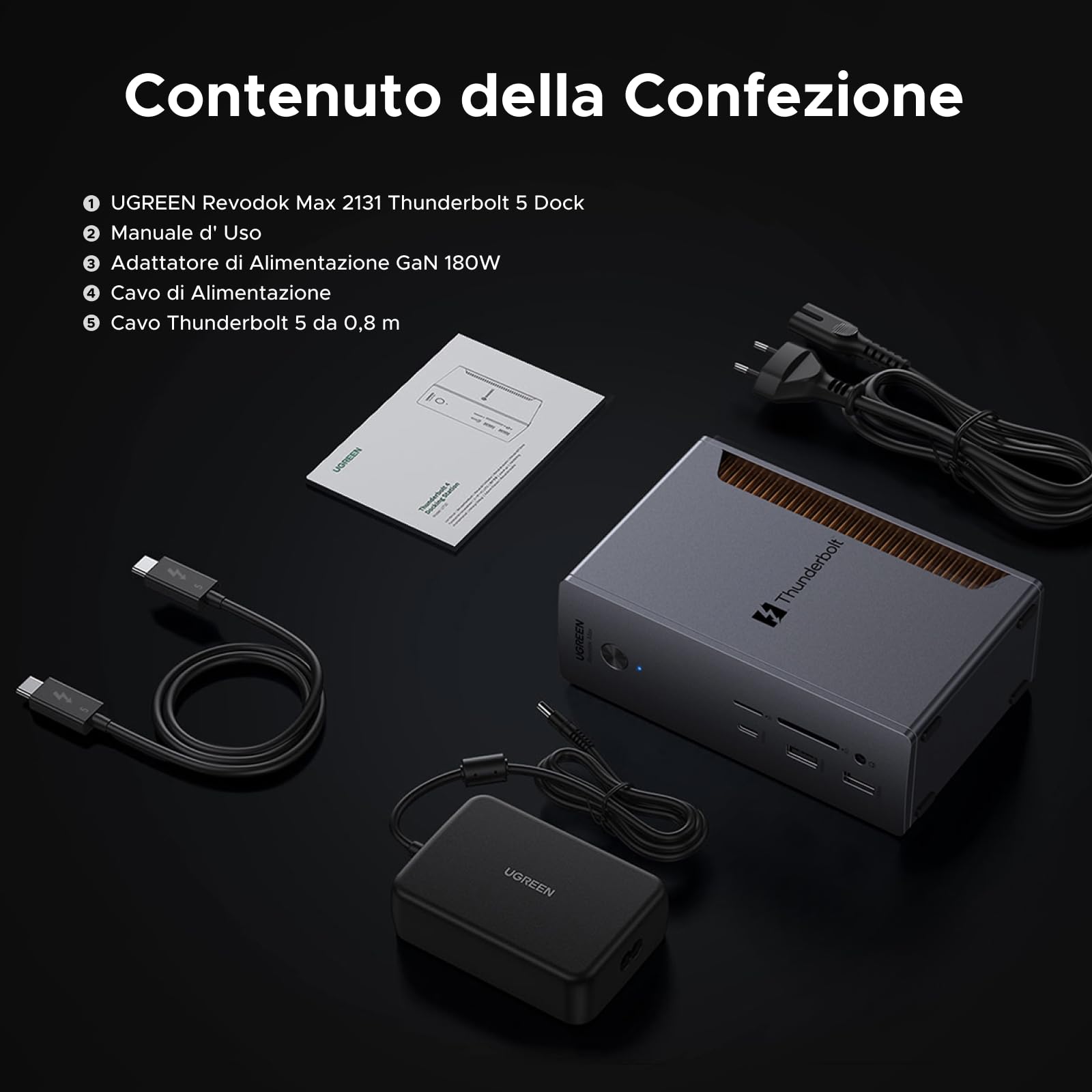 UGREEN Revodok Max 2131 Docking Station Thunderbolt 5 120Gbps Trasferimento Ultra Veloce Dock Hub 13 in 1 con 4 TBT5 Multi USB 3.2 RJ45 2.5GbE Lettore di Schede SD TF 4.0 Jack 3.5mm Carica 140W Max