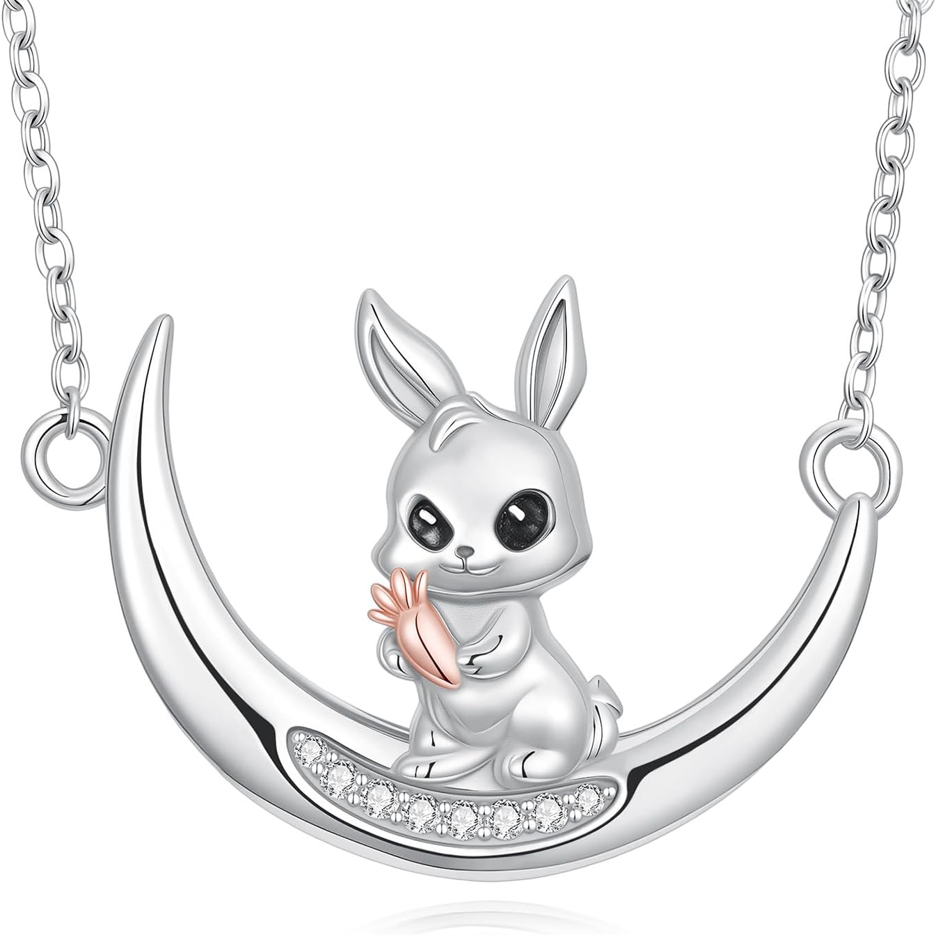 Diamond Bunny Necklace for Women 925 Sterling Silver Rabbit Moon Pendant with Lab Grown Diamond Jewelry Easter Gift for Daughter