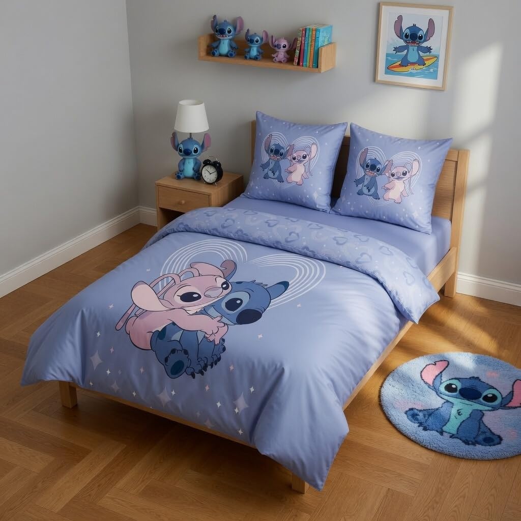 Stitch et Angel Housse de Couette 240x220 + 2 Taies 65x65 Polycoton Cadeau | Parure de lit 2 personnes | Duo Stitch & Angel complice | Séchage rapide facile entretien | St-Valentin | Adulte