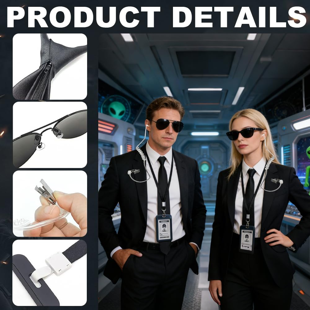 10PCS Agent Costume Accessories Set, Spy Costume Kit with ID Holders Ties Sunglasses Earpieces Inflatable Green Aliens - Image 3