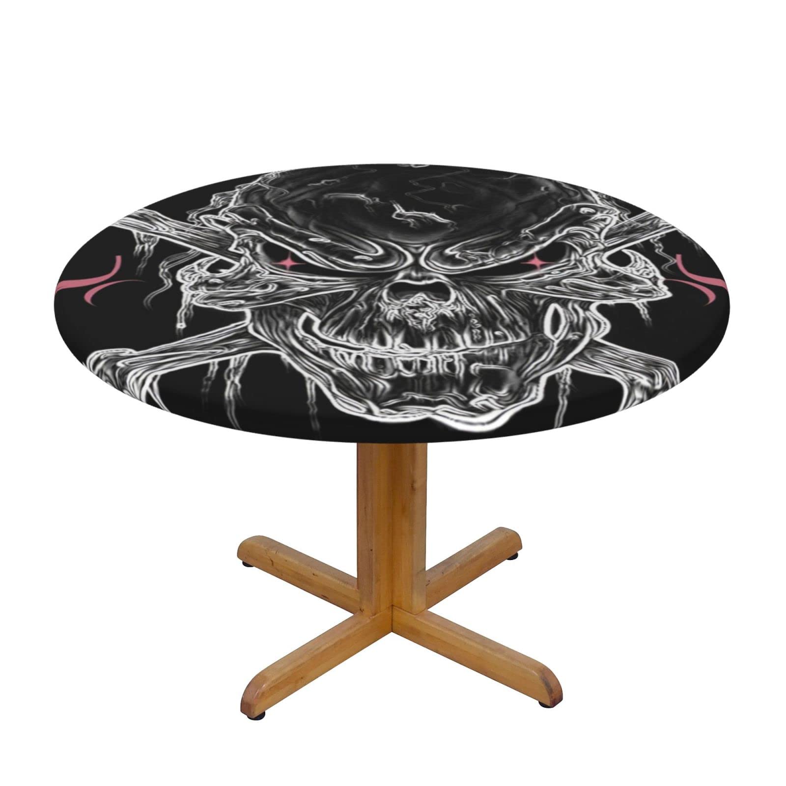 Lsjuee Round Fitted Tablecloth 45-50in Elastic Edged Table Cloth for Kitchen Dining Party Home Decor - Skull Bones Black Death