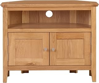 Hallowood Furniture Hereford Oak Small Corner TV Unit with with Cable Hole & Storage Cupboard, 2-Door Solid Wooden Light Oak TV Stand Cabinet with 1 Shelf, Corner Unit for Living Room or Bedroom