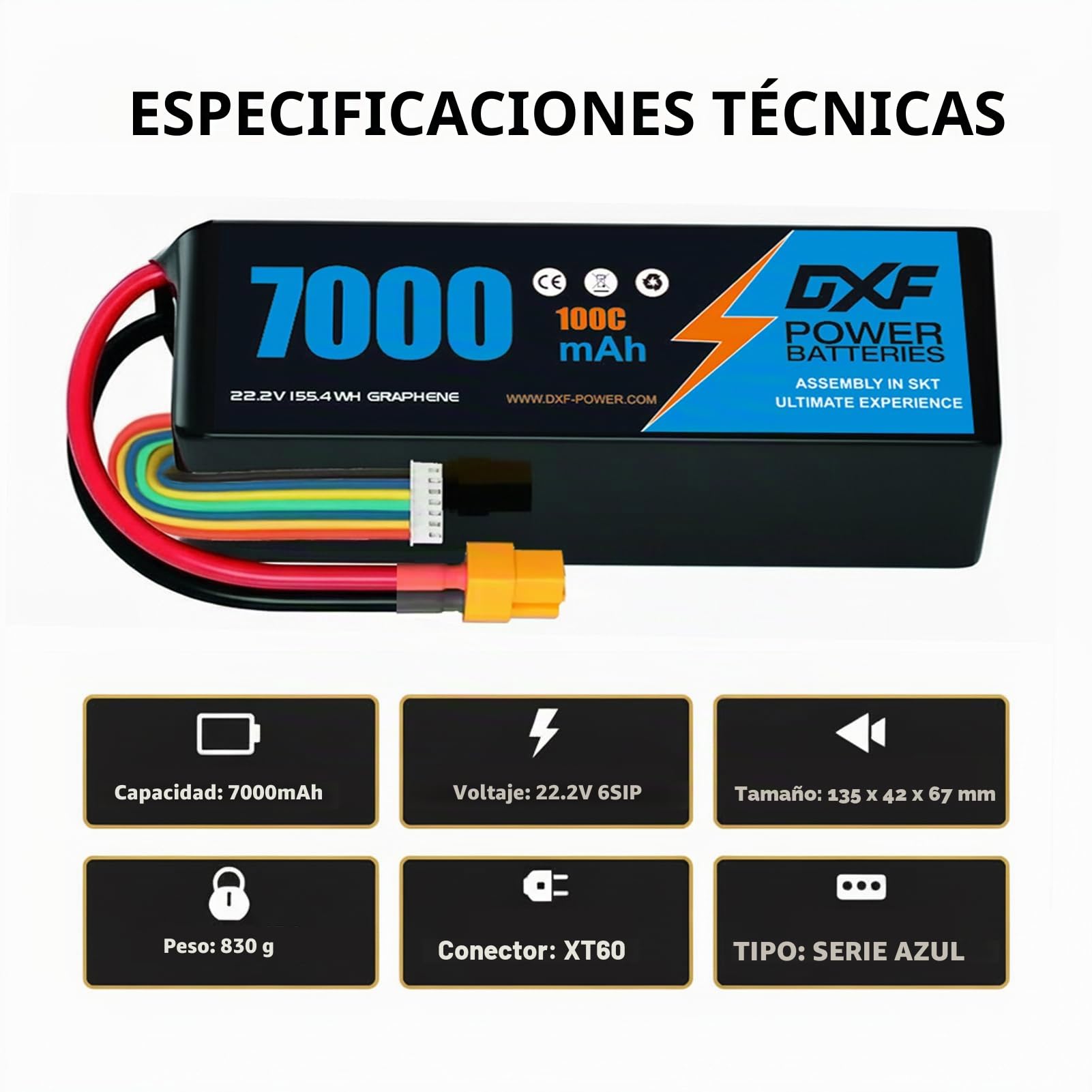 DXF batería LIPO 6S de 22.2V Battery con 7000mAh 100C, 1 Paquetes con Conector XT60 para Drones, multicópteros, Aviones RC, helicópteros RC, Coche RC, Barco RC- Potencia y duración inigualable
