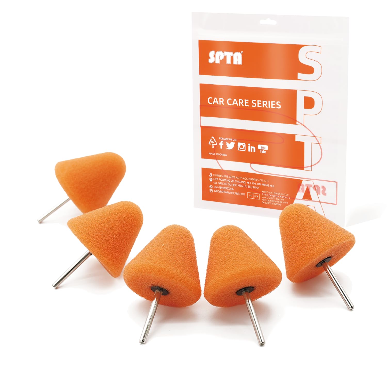 SPTA Orange Cone Heavy Cut Pad with 1/8" Shank, 5Pcs Orange Flexible Shaft Cone Polishing Pad Set,Mini Car Detailing Pads for Small Area for Flexible Shaft &amp; Drill Attachment -PT189-5