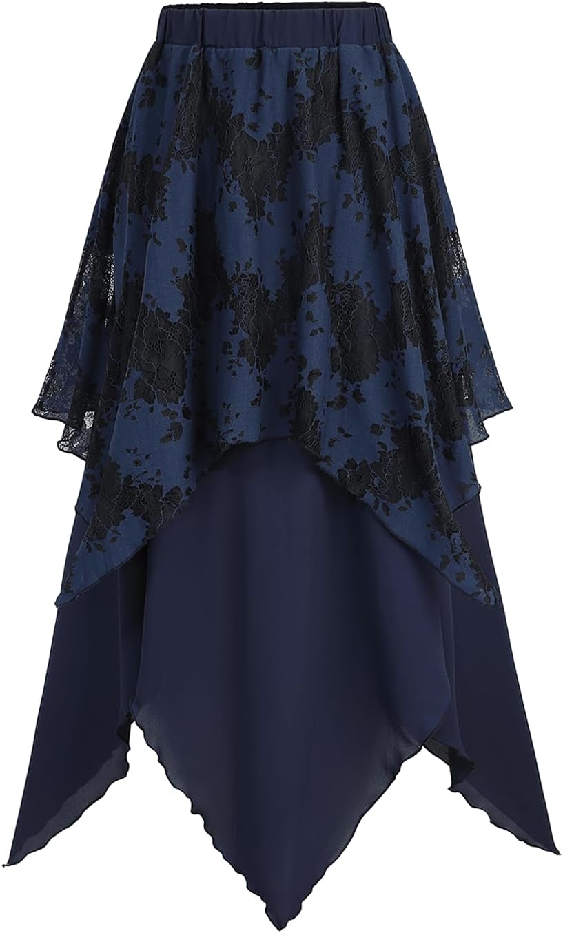 ROSE GAL Womens Plus Size Gothic Lace Overlay Layered Handkerchief Hem Flowy Maxi Skirt
