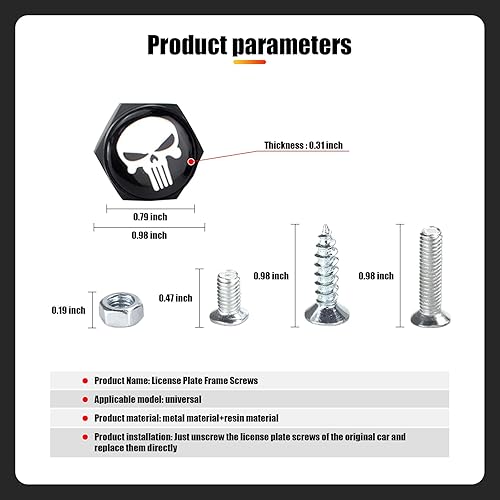 Miniatura 2 de Paquete de 4 tornillos para matrícula, tapones de rosca antirrobo de aleación de aluminio de calavera blanca, tornillos decorativos para marco de