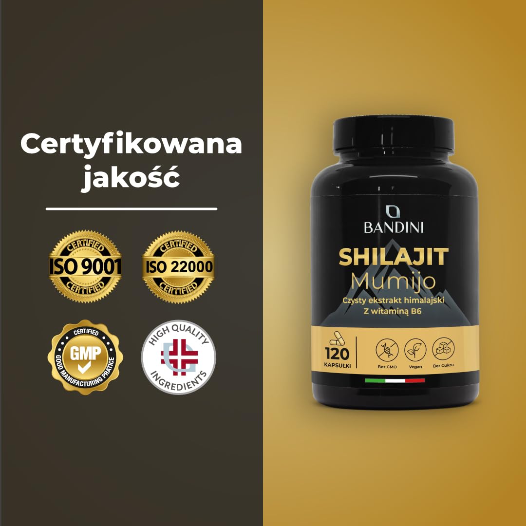 Bandini® Mumijo Shilajit 40.000mg 120 kapsułek, oryginalny z Himalajów, bogaty w 85 minerałów, z 80% kwasem fulwowym i witaminą B6, ponad 85 pierwiastków śladowych, wegański, 1000 mg na dzienną dawkę