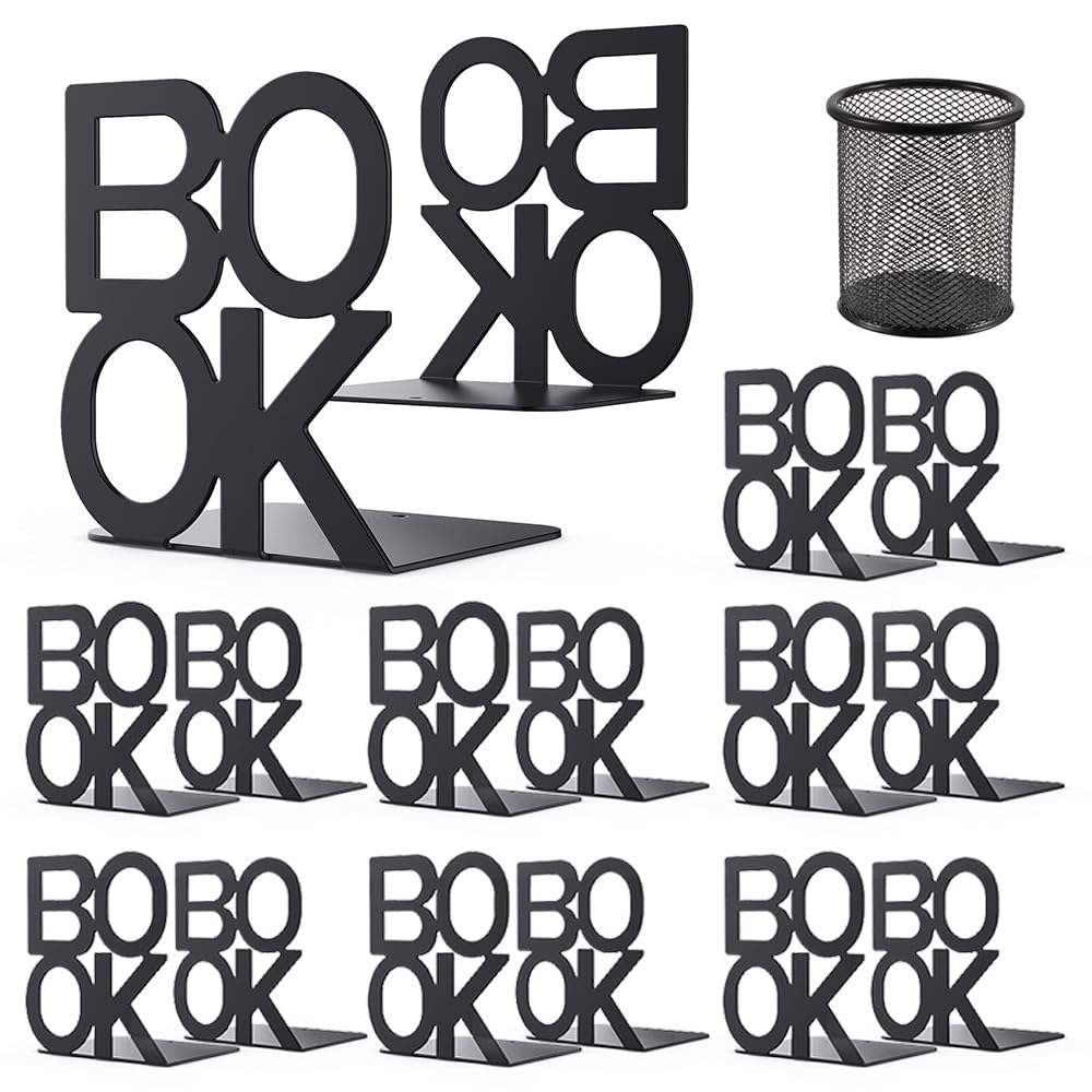 Book Ends - Decorative Metal Book Ends Supports for Bookrack Desk,Books, Unique Appearance Design,Heavy Duty (Black, 8 Pair)