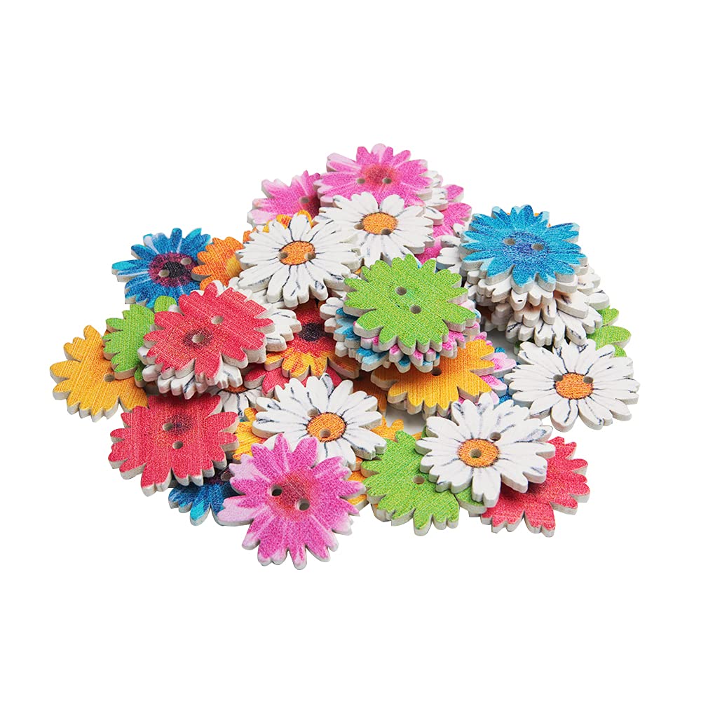 Acxico 100Pcs Wooden Buttons Sewing 2-Holes Scrapbooking Button Crafts Flower Shape