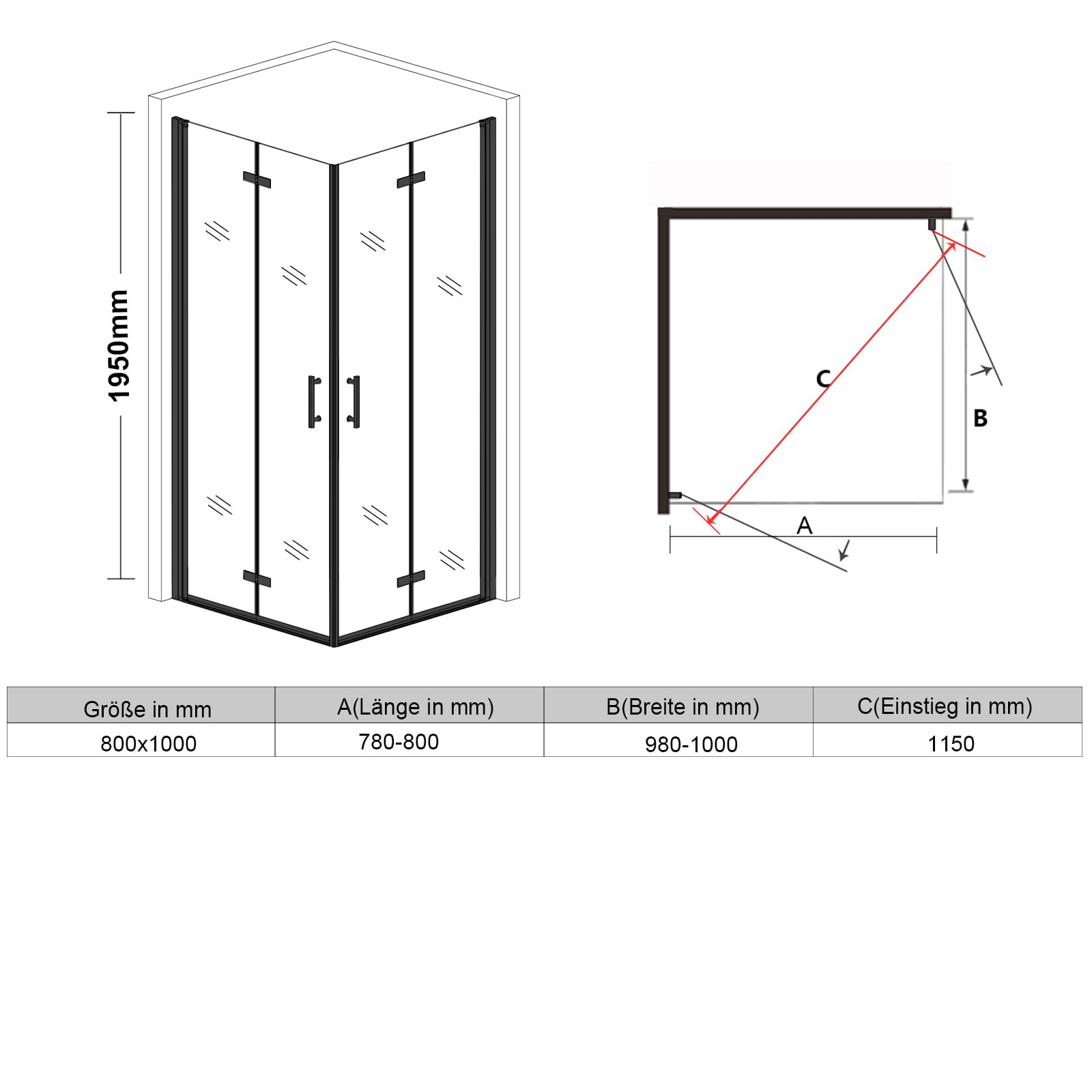 Sonni Mampara de ducha de 180º con entrada en esquina, 80 x 100 cm, color negro, puerta plegable, nano, 6 mm, altura 195 cm, puerta plegable