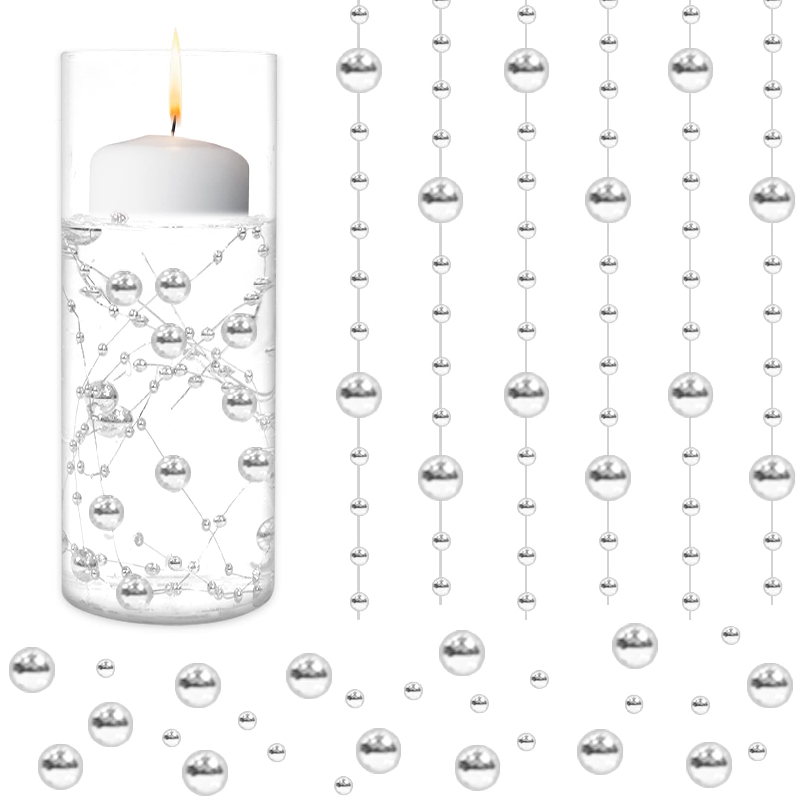 100 Pieces Artificial Pearl String for Floating Candles, 6 Inch Faux Pearl String Vase Filler for Wedding Table Centerpiece Party Decoration, silver