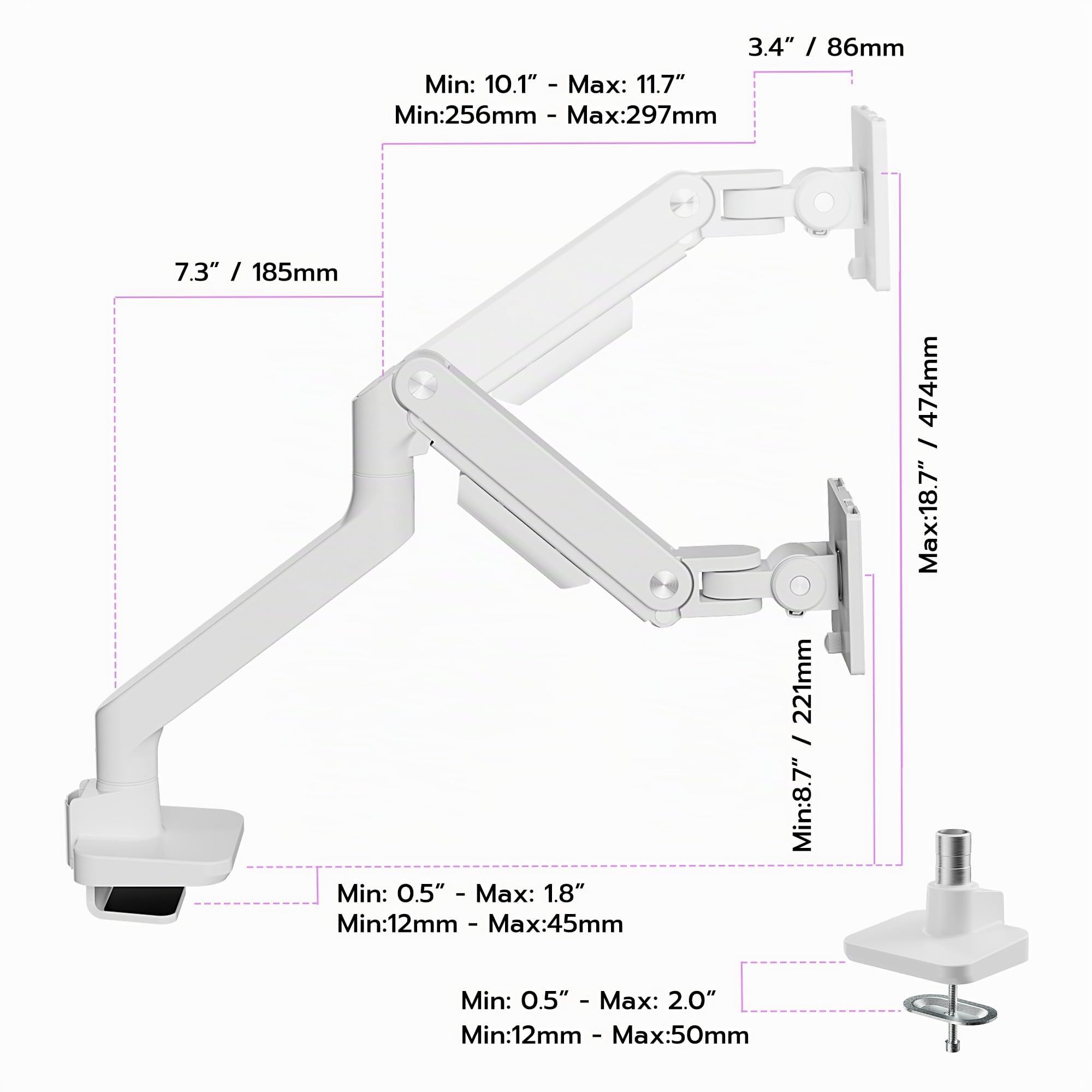 ARES WING Support d'écran pour écrans plats et incurvés de 17-49", bras de moniteur charge max. 20 kg, support de bureau avec ressort à gaz, hauteur réglable, VESA 75/100 mm, blanc