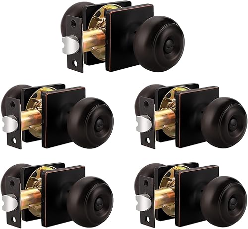 Probrico Pomos de bronce aceitado para camabaño con roseta cuadrada, cerraduras de puertas interiores de privacidad sin llave, paquete de 5