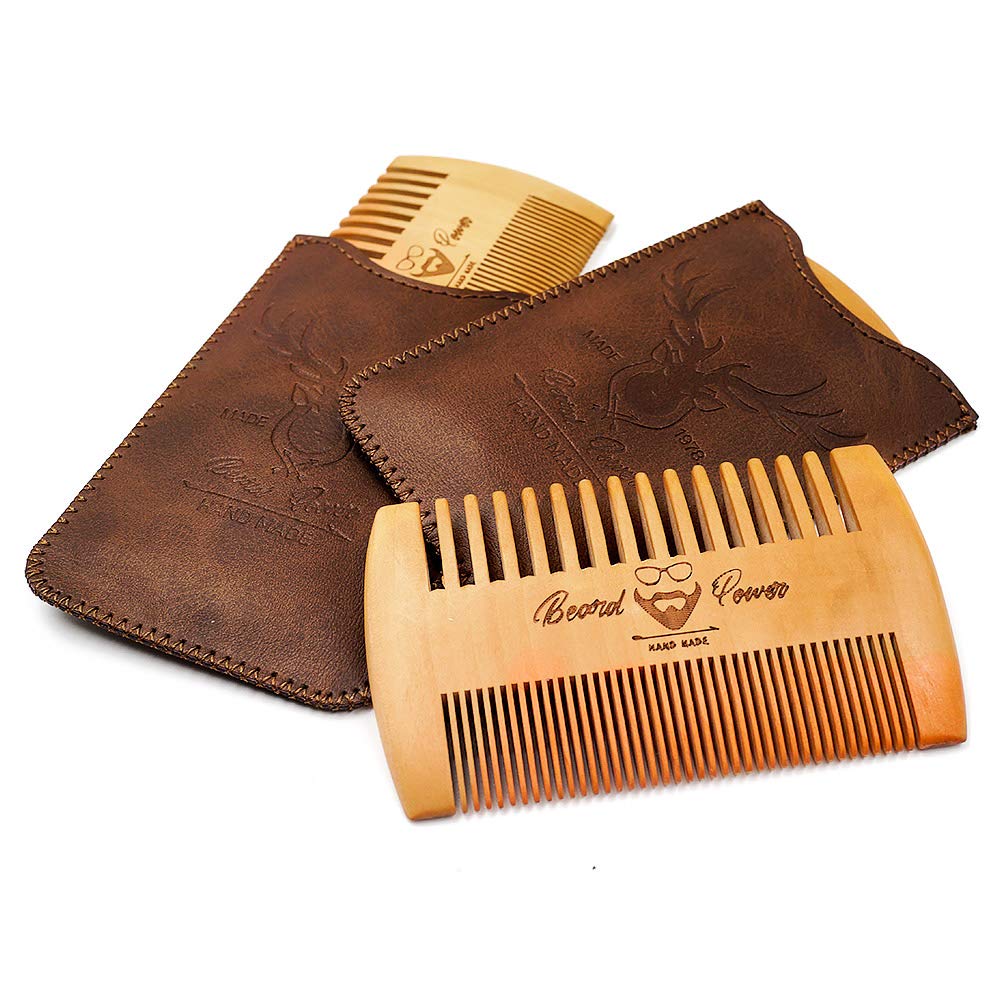 Wooden Beard Comb, 3 Pieces & Durable Cases for Men, Beard & Mustaches, Fine & Coarse Teeth, Brown Deer Design