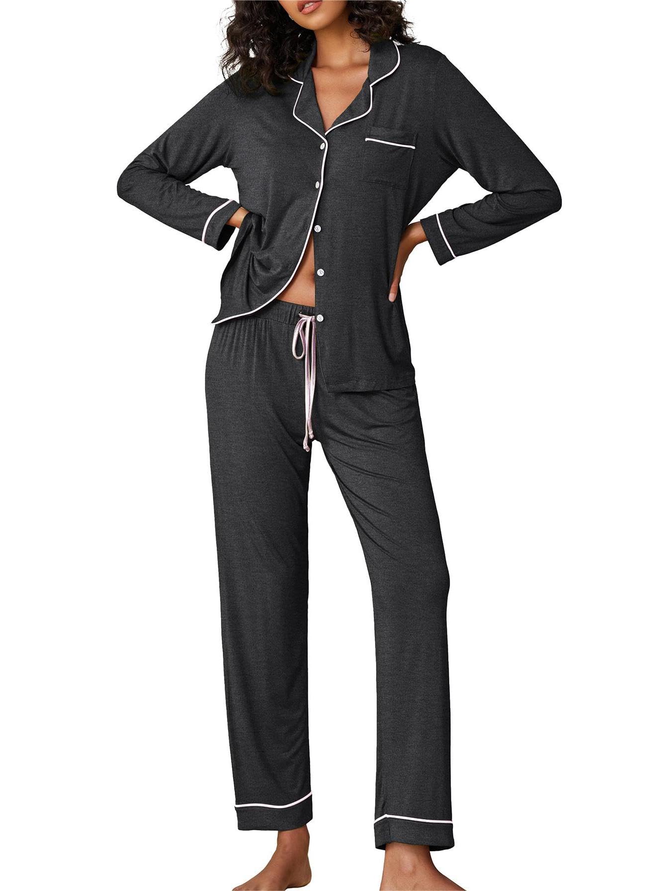 Ekouaer Pigiama Donna Maniche Lunghe Set Pigiama a Due Pezzi con Bottoni Abbigliamento da Notte Morbido Sleepwear Top e Pantaloni Pigiama XS-XXL