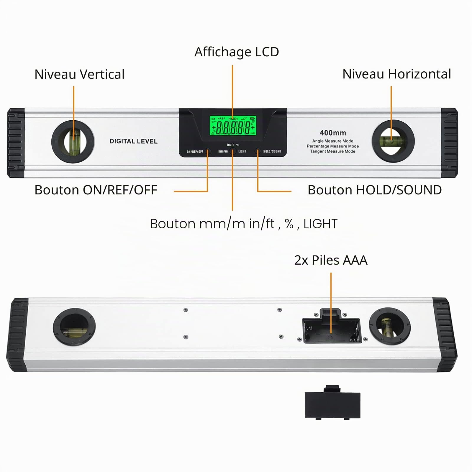 Neoteck 400mm/16inch Niveau à Bulle Numérique avec Indicateur Audio Numérique Spirit Level-Finder Angle en Alliage d'Aluminium avec Base Magnétique Outils de Mesure Angle Jauge Grand Écran LED Clair