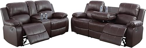 Miniatura 30 de Juego de muebles de cuero regenerado para sala de estar, juego de sofá reclinable de dos plazas en sala de estar, sofá reclinable (3 piezas, marrón)