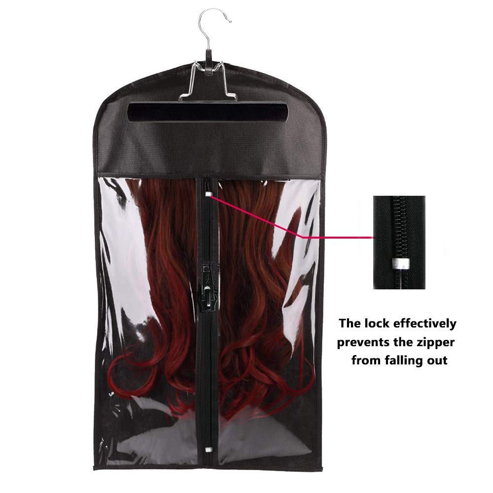10pcs Staubdicht Perücken Aufbewahrungsbeutel Haarverlängerungen Tasche mit Aufhänger Haken Set (Schwarz)