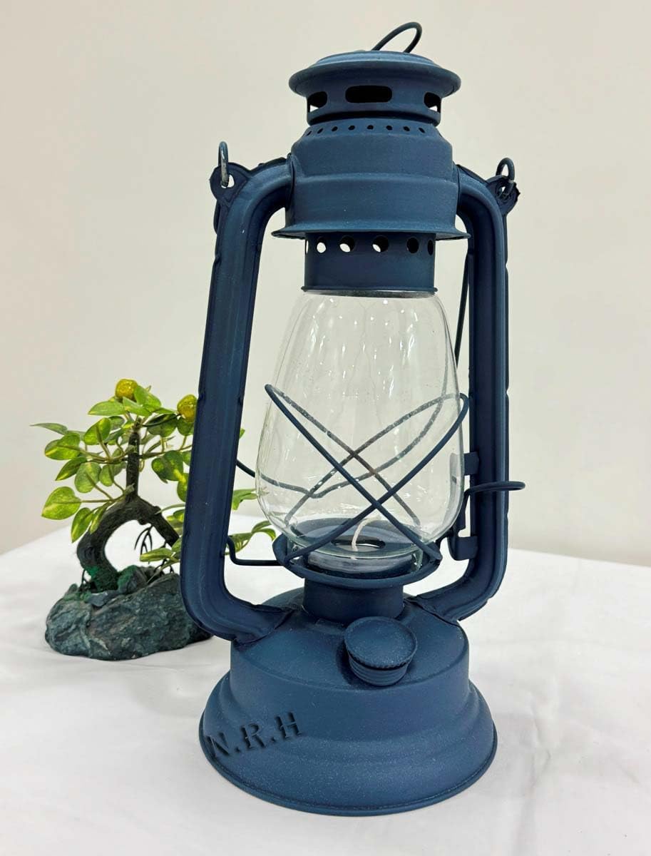 Vintage Decorative Hanging Lantern - Metal Tabletop Candle Lantern for Home Outdoor Patio Decor, Candle Holders with Clear Glass (Sapphire Blue) | 12 inches