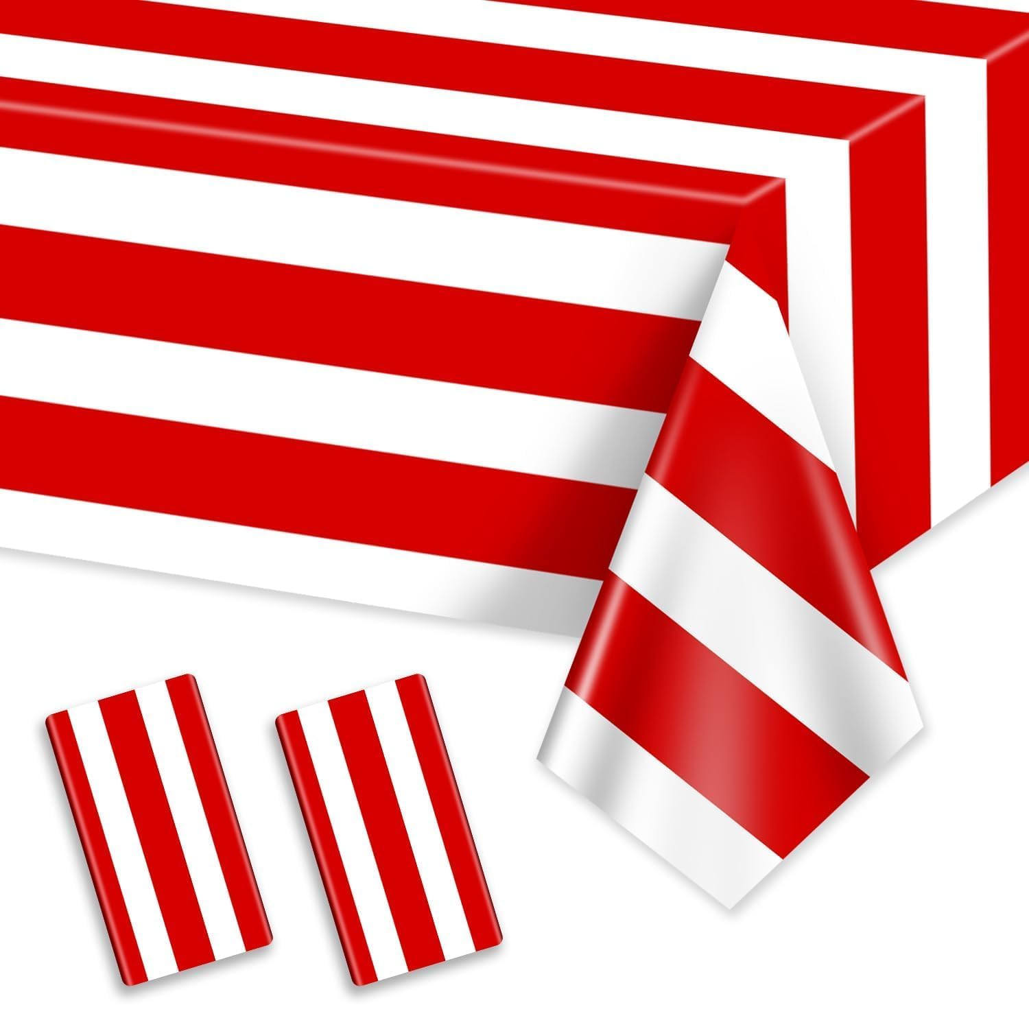 PIXHOTUL 2 Pcs Red and White Striped Vertical Tablecloths, Carnival Tablecover Plastic Disposable Red Stripes Table Cloths for Carnival Theme Party, Movie Night, Birthday, Holiday Party, 220x130cm