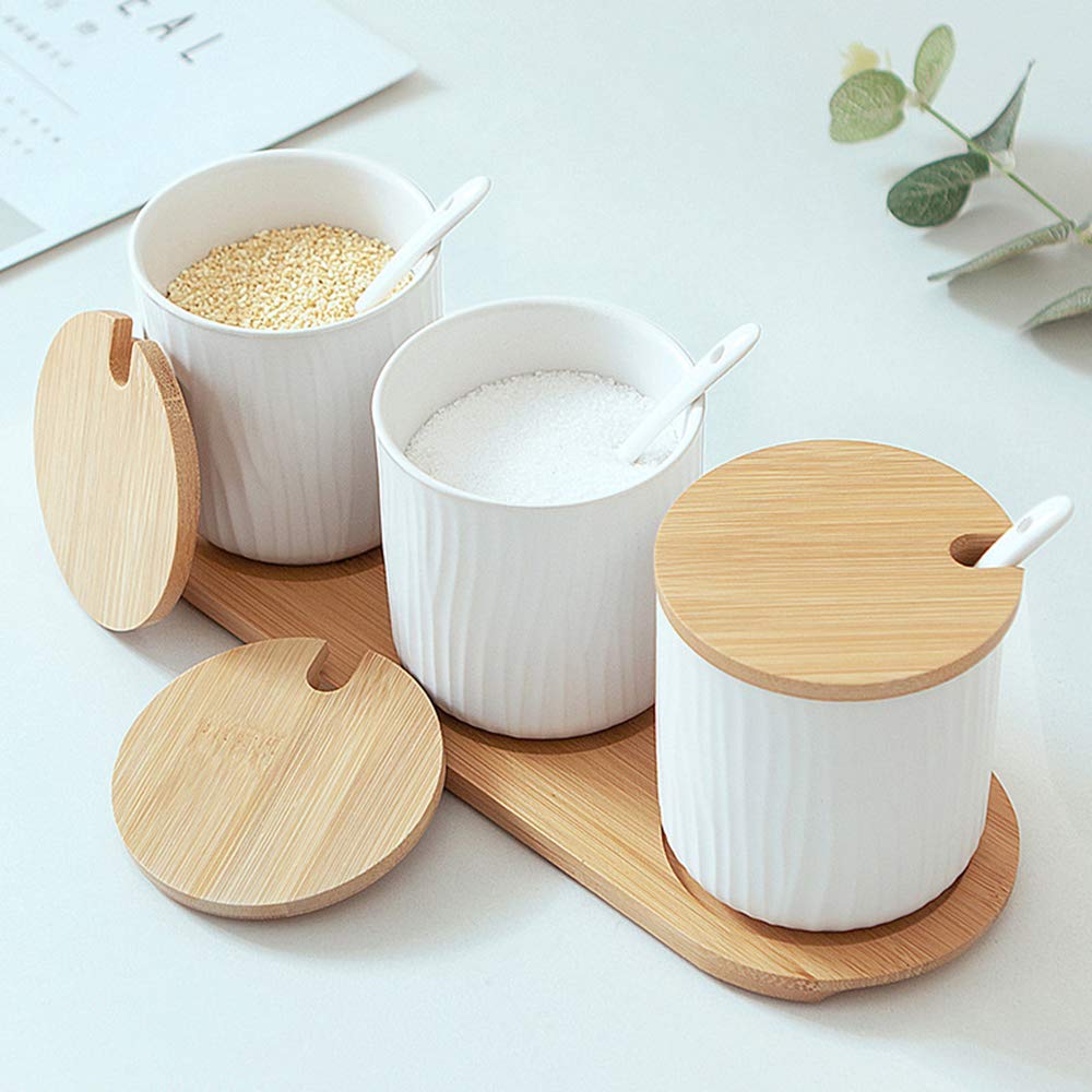 3er Set Weiß Keramik Gewürzdosen Zuckerdose Keramik Zucker Schüssel mit Löffel und Bambus Deckel für Tee Zucker Salz Gewürze Bei Zuhause und Küche