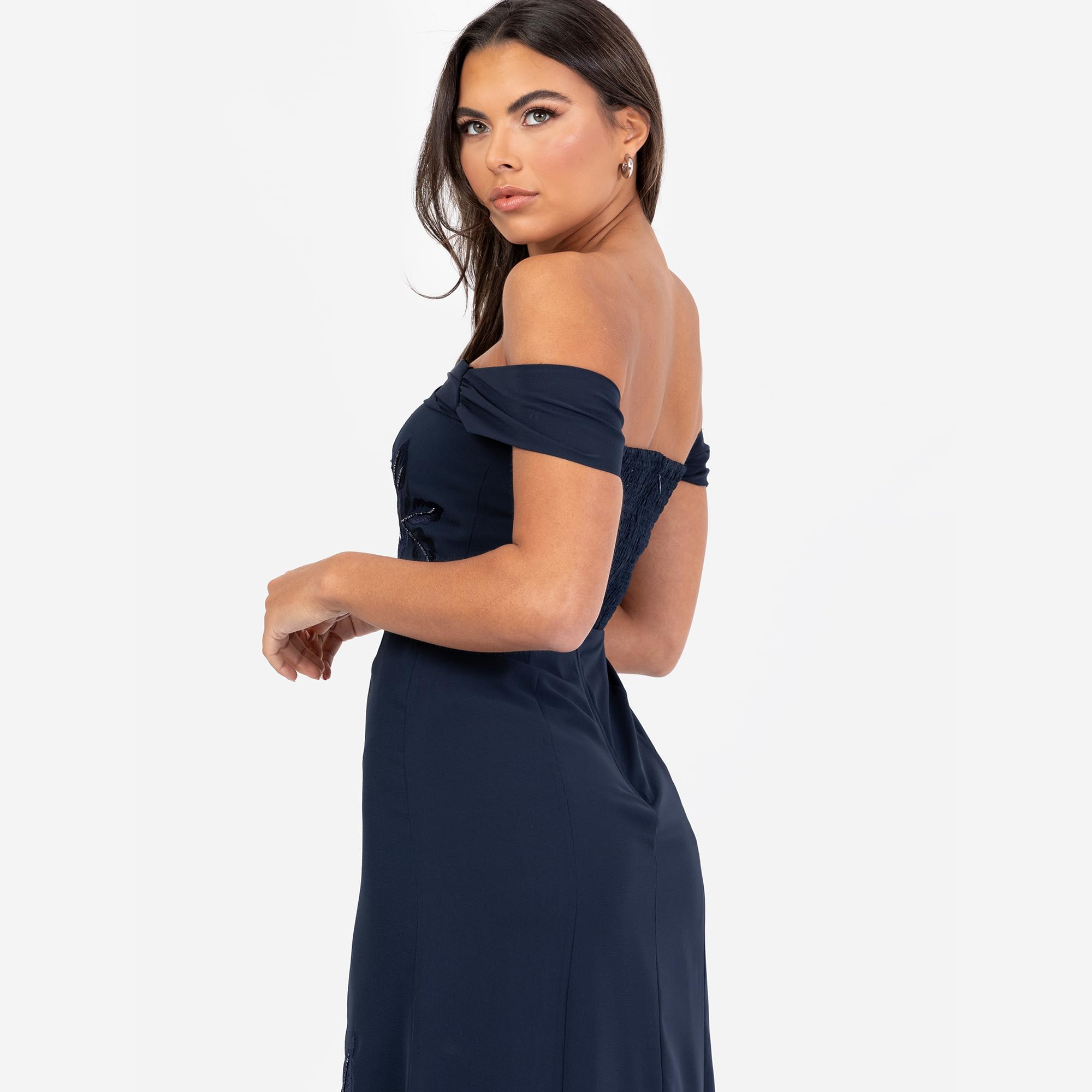 Maya Deluxe Women's Maxi Dress Ladies off Shoulder Bardot Sleeveless A-Line Split Slit Embroidered Bead Embellished Evening Prom Donna